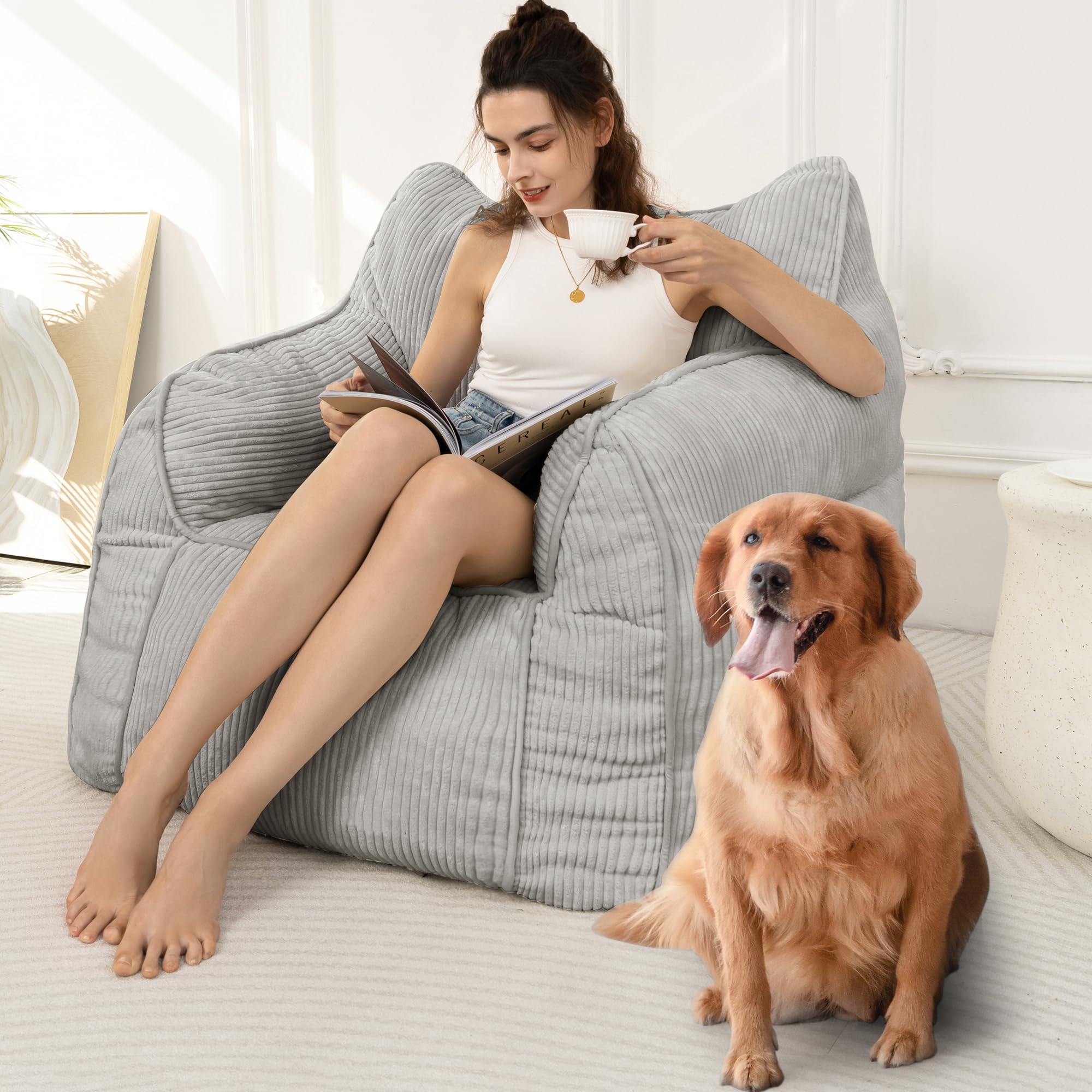 MAXYOYO Giant Bean Bag Sofa for Adults, 105 x 80cm Corduroy High-Density Foam Filled Bean Bag Chair with Armrests for Teens, Large Lazy Puff Chair for Living Room, Bedroom (Gray)