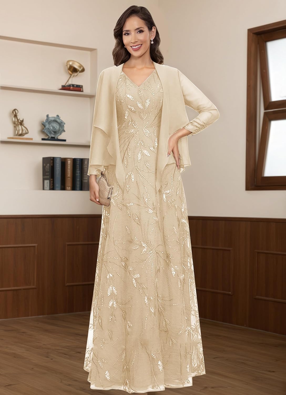 2 Piece Sequin Lace Mother of Bride Dresses with Jackets Long A-Line Chiffon Formal Wedding Guest Dresses for Women - Image 2