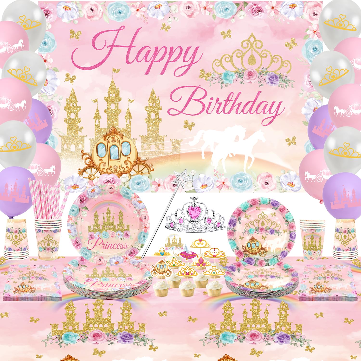 β Princess Party Tableware Supplies, Includes Happy Birthday Backdrop Banner, Plate, Balloons, Napkins, Tablecloth, for Girls Princess Birthday Baby Shower Party Decorations Serve 20 Guests (Set A)