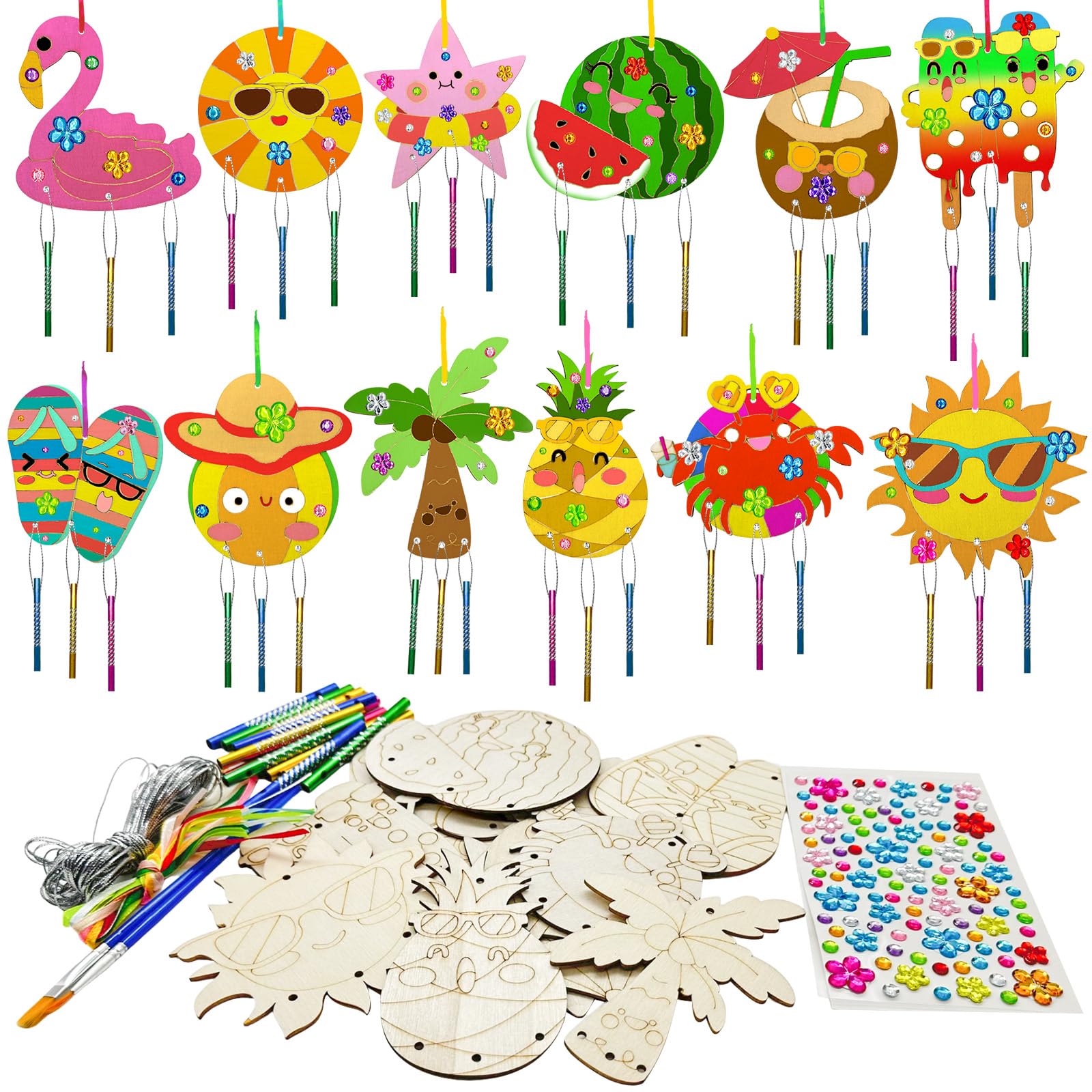 Cinrobiye 12 Pack Summer Beach Wind Chime Craft Kit, DIY Wooden Paint Pineapple Flamingo Pool Party Favors, Luau Hawaii Birthday Supplies, Summer Art Activity Coloring Set for Kids