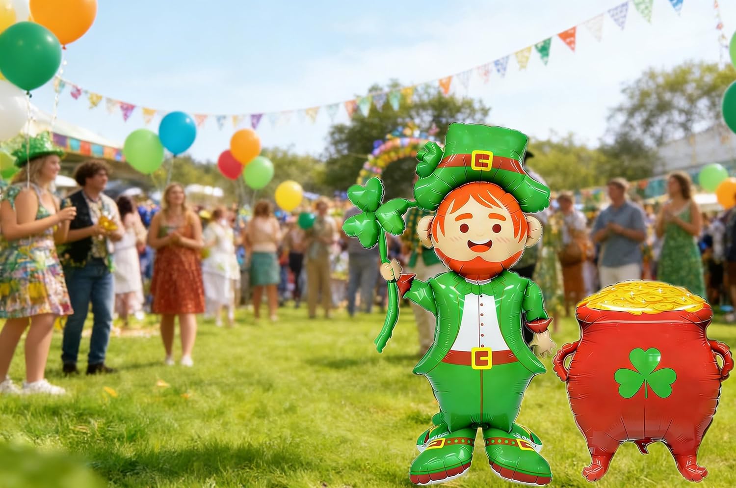 Jumbo Leprechaun and Gold Coins Jar Foil Balloons - St. Patricks Day Balloons - Green Irish Man Elf and Lucky Coins Pot Mylar Balloons for Birthday Party Decoration Supplier