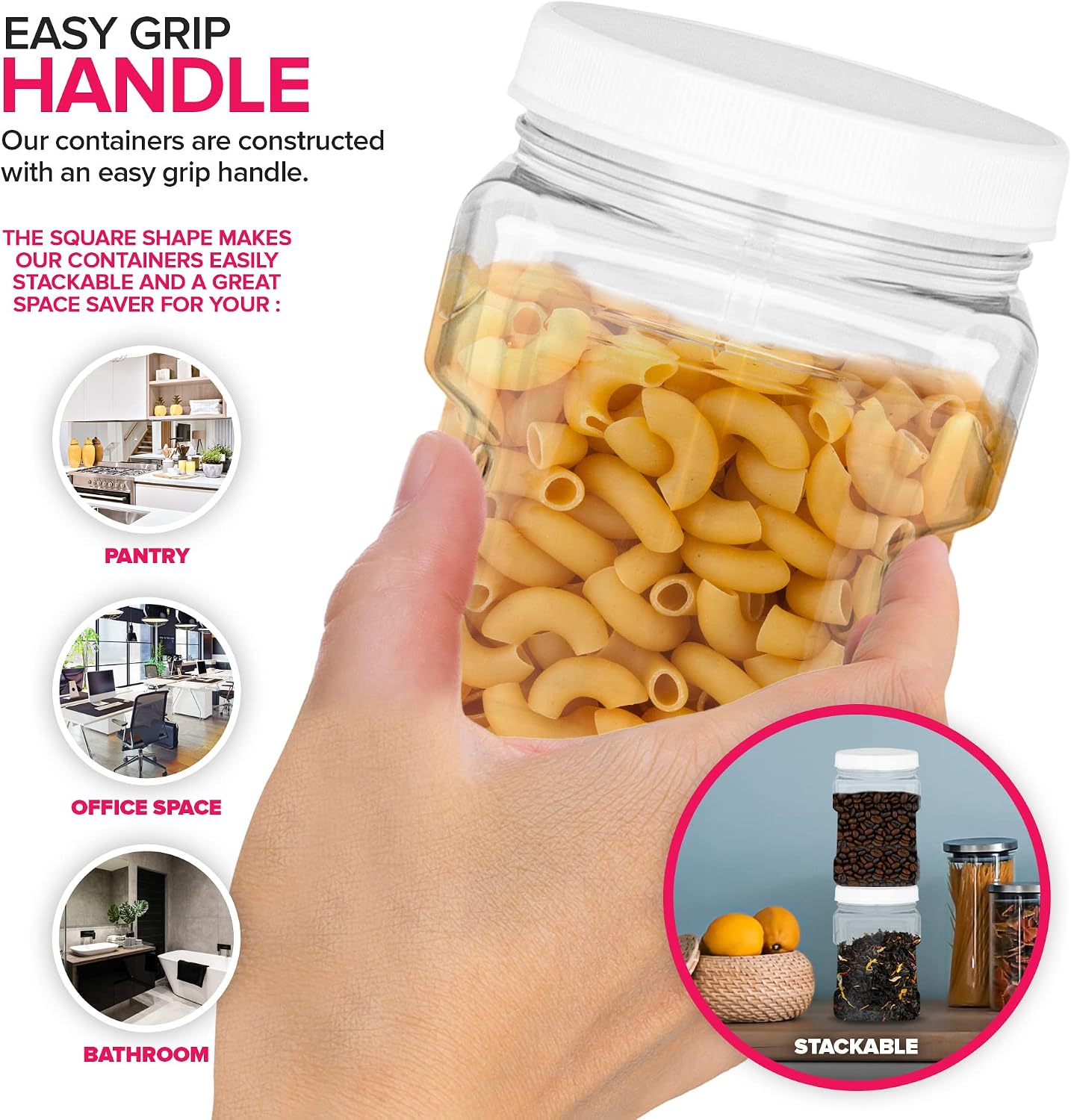 Stock Your Home Plastic Storage Jars 72 Pack 32 Oz Square Canisters with Lids Shatterproof Reusable Wide Mouth Clear Containers