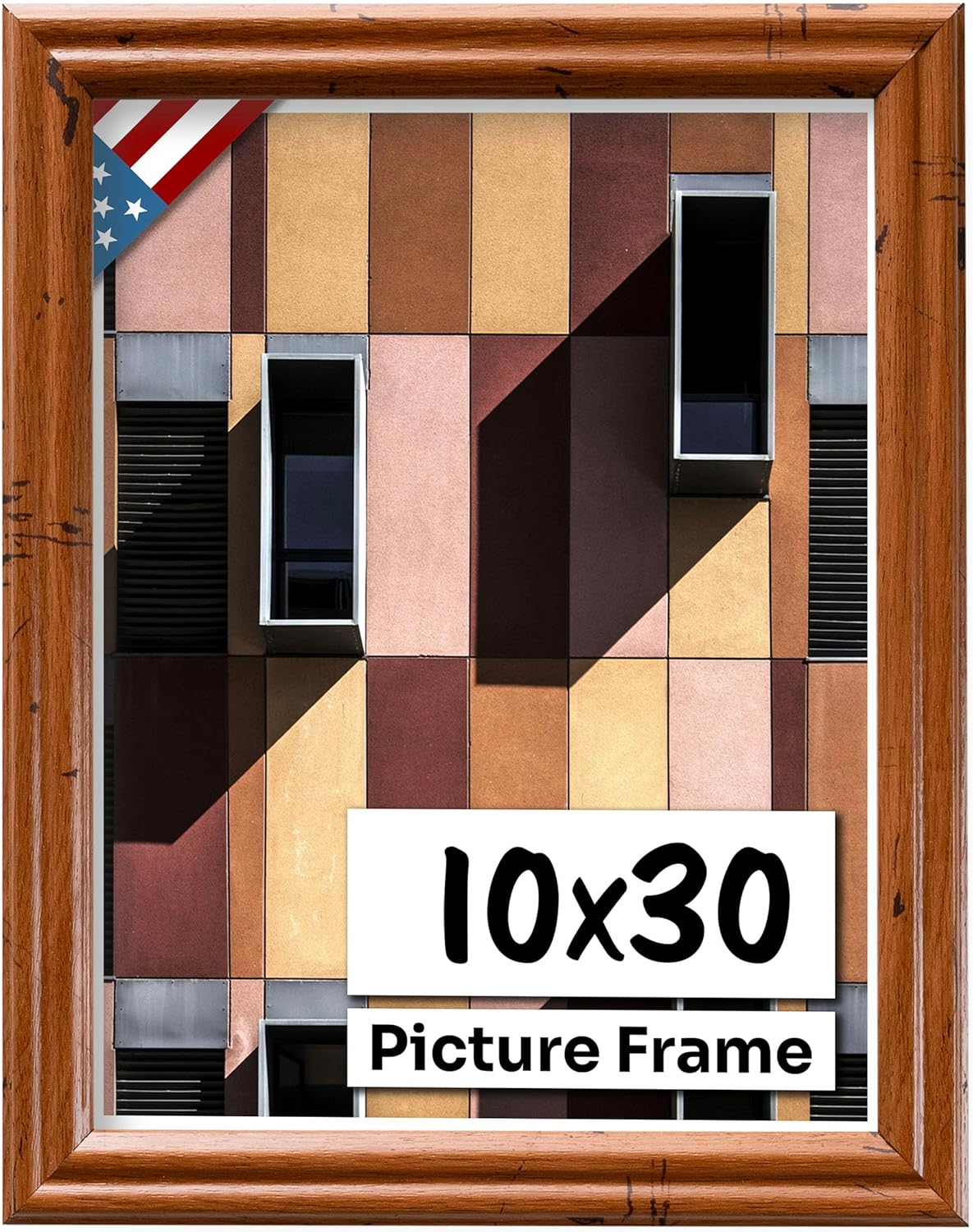 Distressed Oak 10x30 Picture Frame .75" Inch Wide - Handmade American Solid Wood Picture Frames with Preinstalled Hangers and UV Blocking Plexiglass Frames