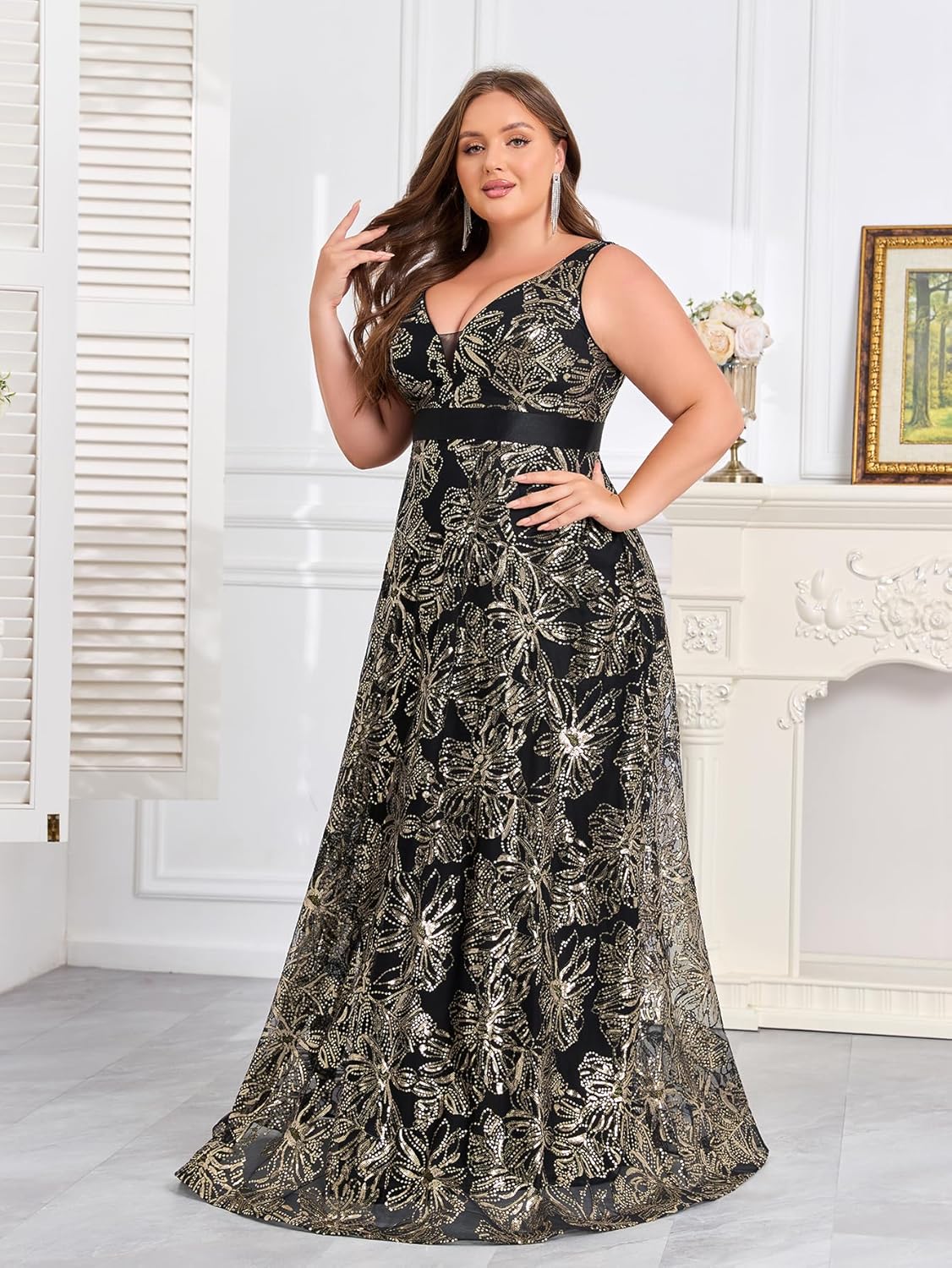 Plus Size Sleeveless Glitter Sequined Womens Long Formal Gown Aline Wedding Guest Dress Floor Length Evening Dresses - Image 4
