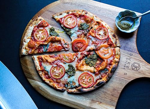 Miniatura 8 de Juego de cortadores de pizza de acacia prémium (extra grande) y cuchilla basculante, pelar pizza de 16 pulgadas, paleta de pizza de madera gourmet,