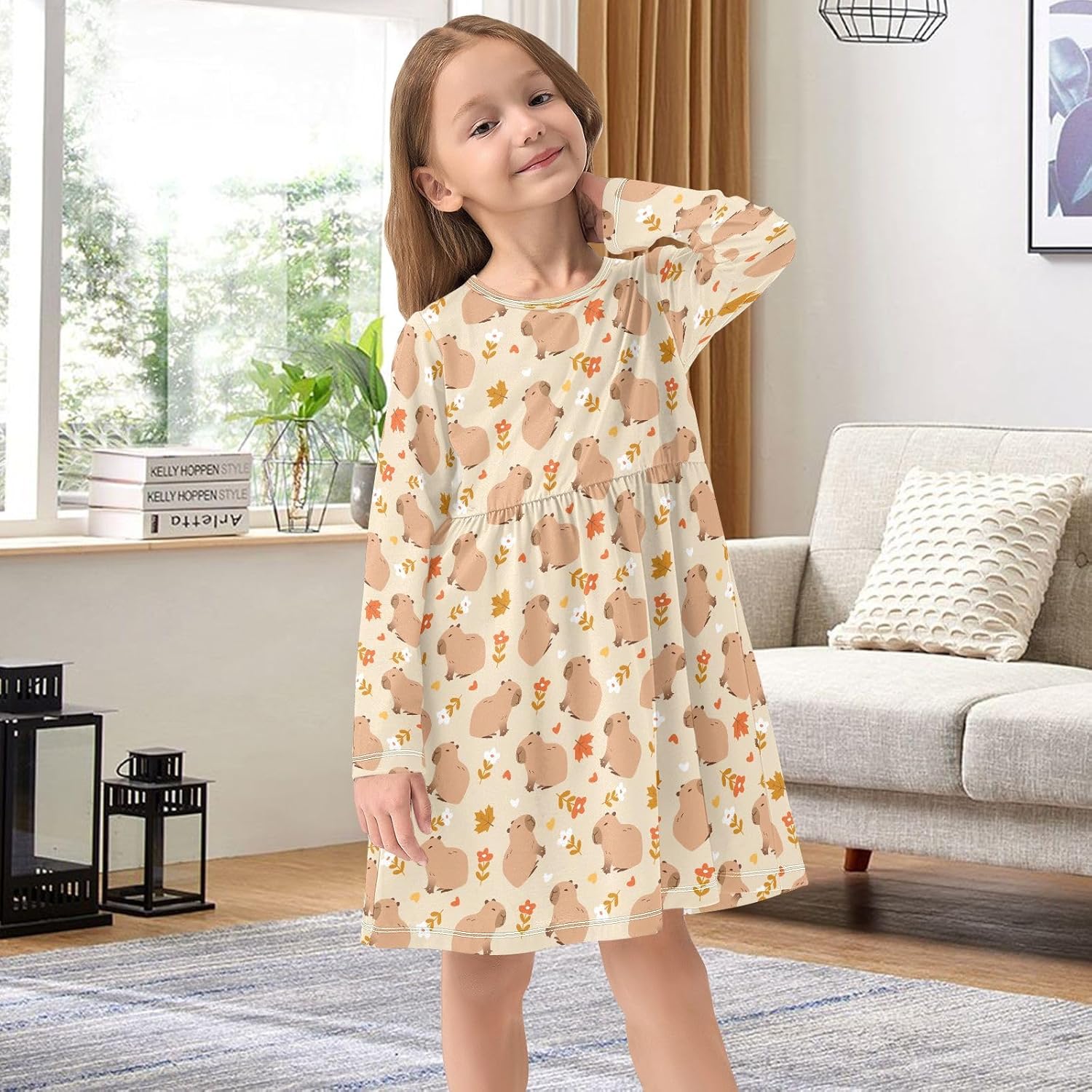 Toddler Girl Dresses Daisy Cute Capybara Long Sleeve A-line Casual T-Shirt Dress - Image 7