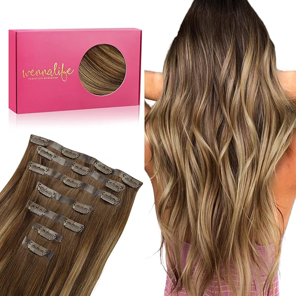 WENNALIFE Seamless Clip In Hair Extensions, 16 Inch 130g 7pcs Balayage Chocolate Brown to Caramel Blonde Hair Extensions Clip in Human Hair Invisible PU Skin Weft Natural Remy Human Hair Extensions