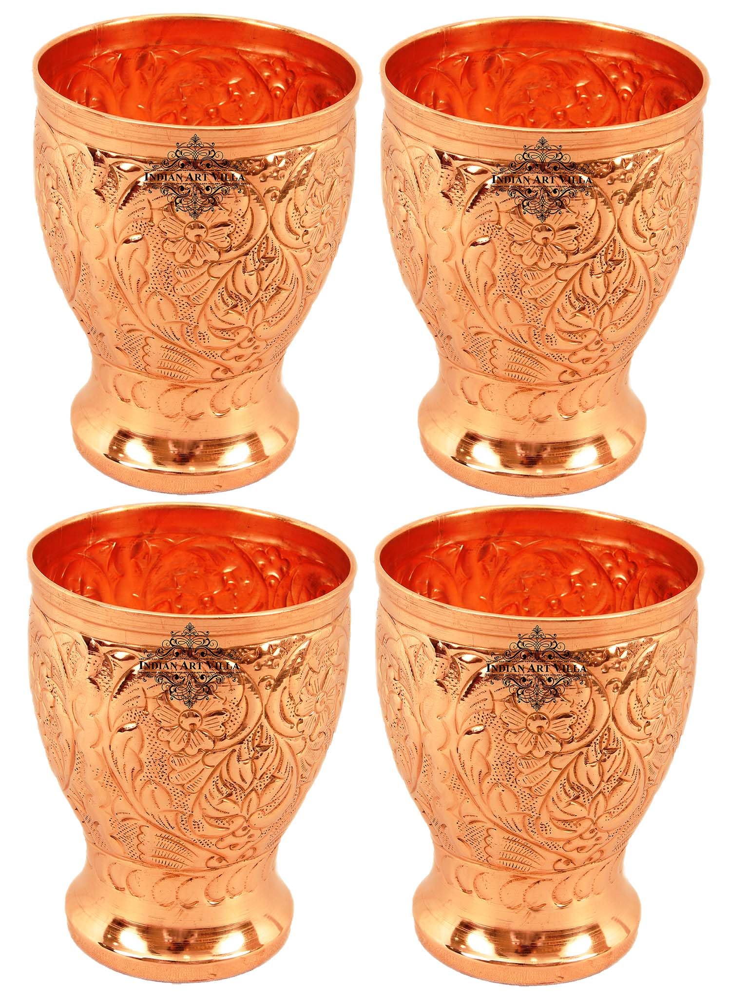 Indian Art Villa Handcrafted Copper Tumbler Set of 4 with Big Flower Design and Wide Mouth 12 Oz