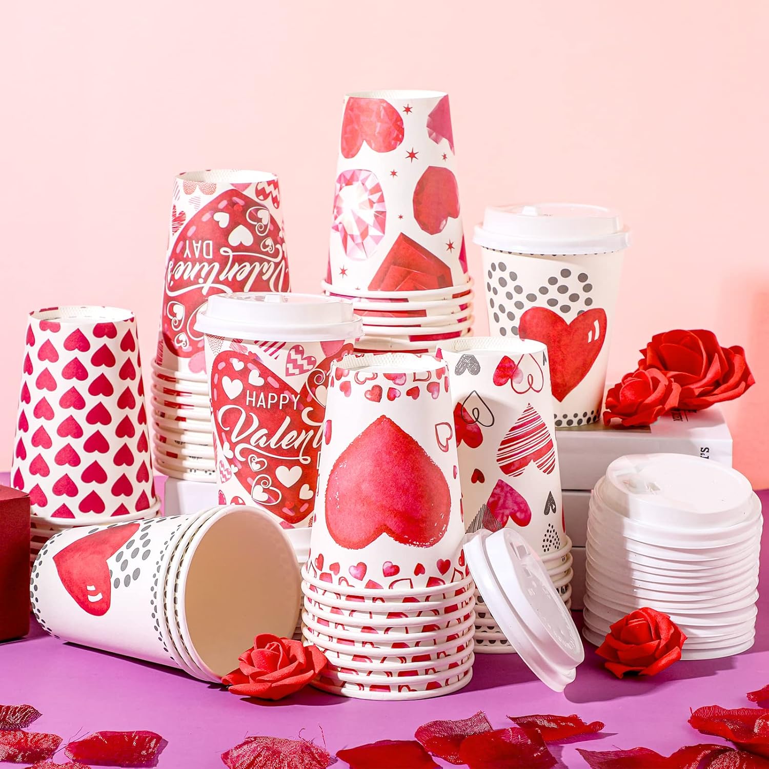 Funtery 48 Set 12 Oz Valentine's Day Paper Coffee Cups with Lids Valentines Disposable Paper Cups Hot Cocoa Party Supplies for Coffee Tea Beverage,6 Styles - Image 2