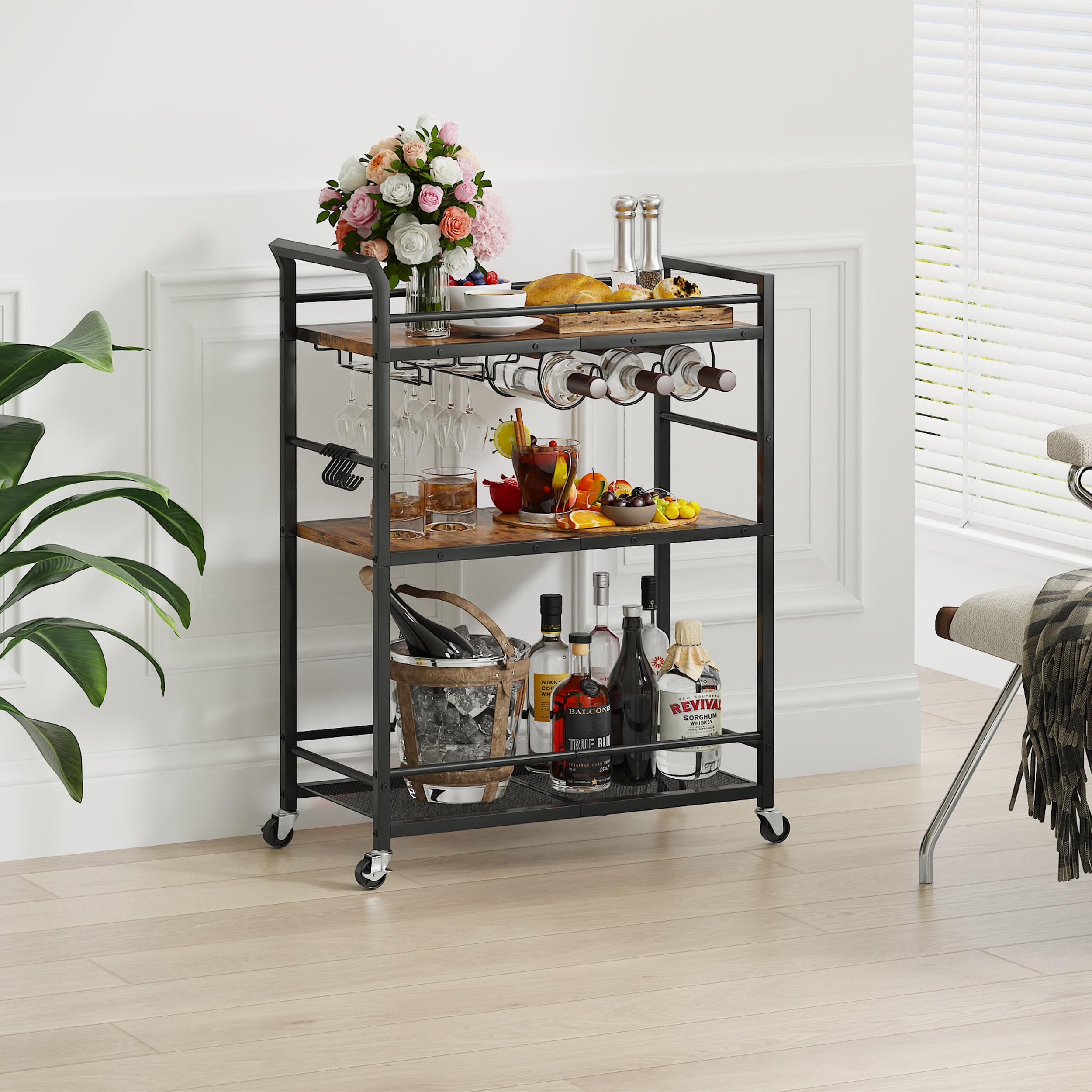 Carrito Auxiliar con Ruedas Bar Carro Cocina con Gläserablage y Estante para Vino Metal Mini Bar Mesa Auxiliar Cocina Estante de Vidrio Marrón Rustico Tres Niveles Mesa Auxiliar Cocina GBC507R