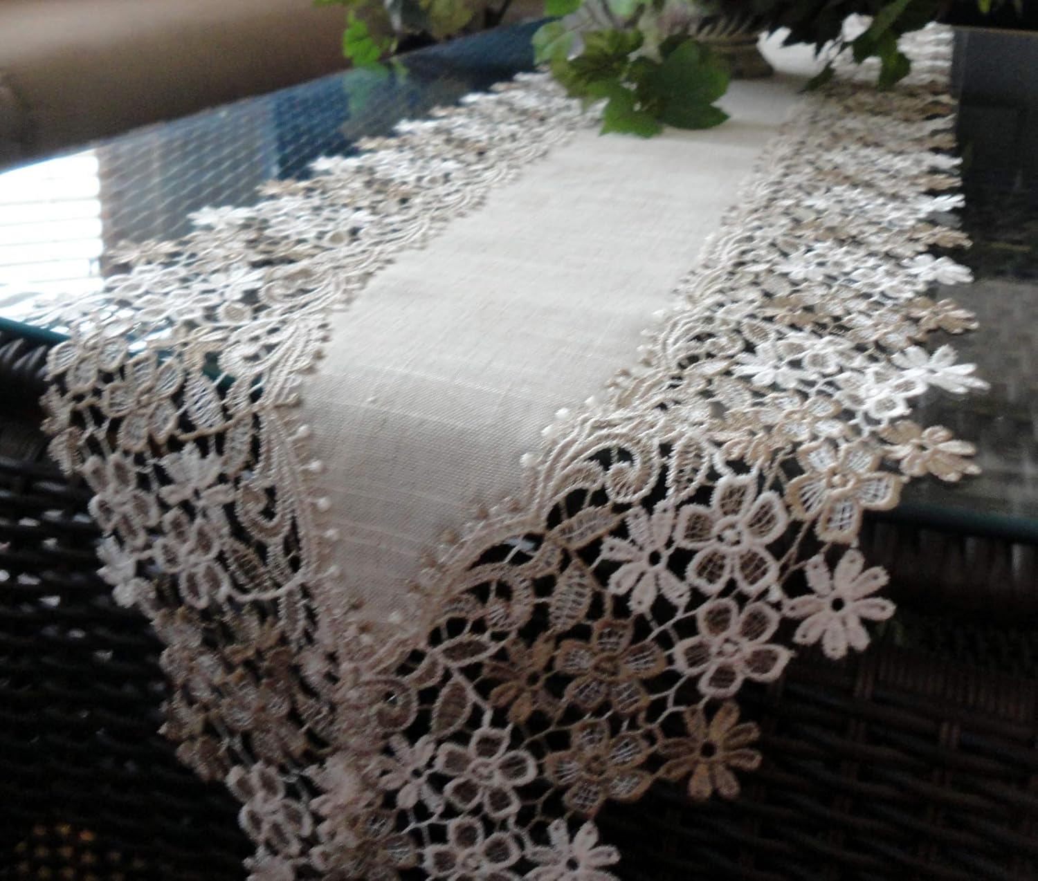 Sophisticated Floral Lace Dresser Scarf 65" Neutral Earth Tones or Mantel Scarf Table Runner