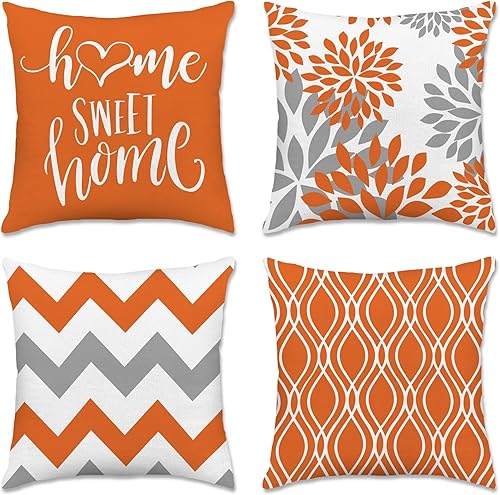Hexagram Juego de 4 fundas decorativas de color naranja geométricas de 18 x 18 pulgadas, fundas decorativas para exteriores, estilo bohemio y