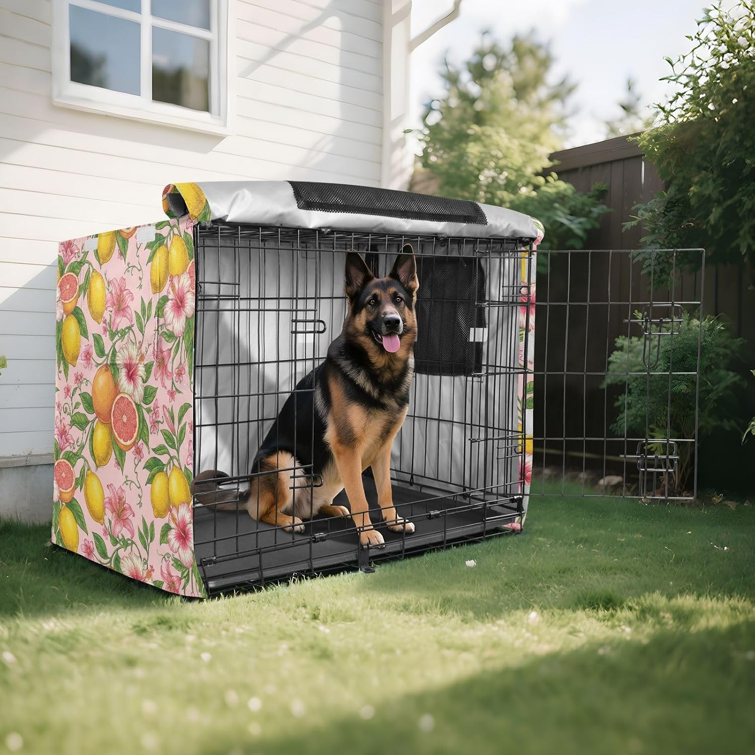 Duty 600D Silver Coated Dog Crate Cover, Water-Resistant Lime Print Pet Kennel Canopy with Mesh Windows for Optimal Ventilation, Universal Fit for Standard Wire Cage, Indoor & Travel