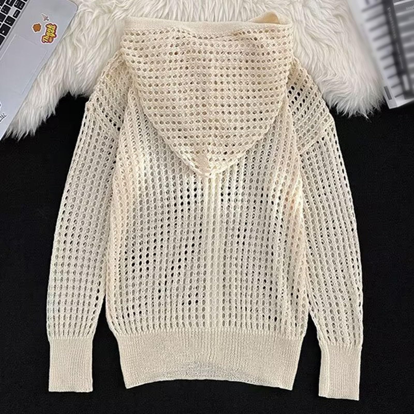 Cardigan estivo da uomo, leggero, a rete, casual, lavorato a maglia, morbido, confortevole, con cappuccio, a maniche lunghe, aperto, in rete, cardigan