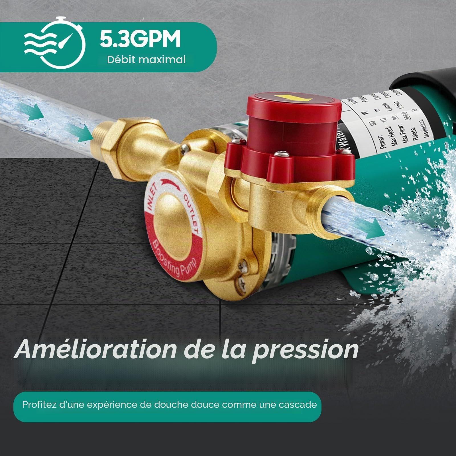 Pompe Pression Eau, Surpresseur Maison 90W, Booster Automatique 220V, Corps Laiton, Pressurisation Instantanée, Douche, Chauffe-Eau, Piscine, Silencieuse IP46, Détection Débit, 20L/min, 10m