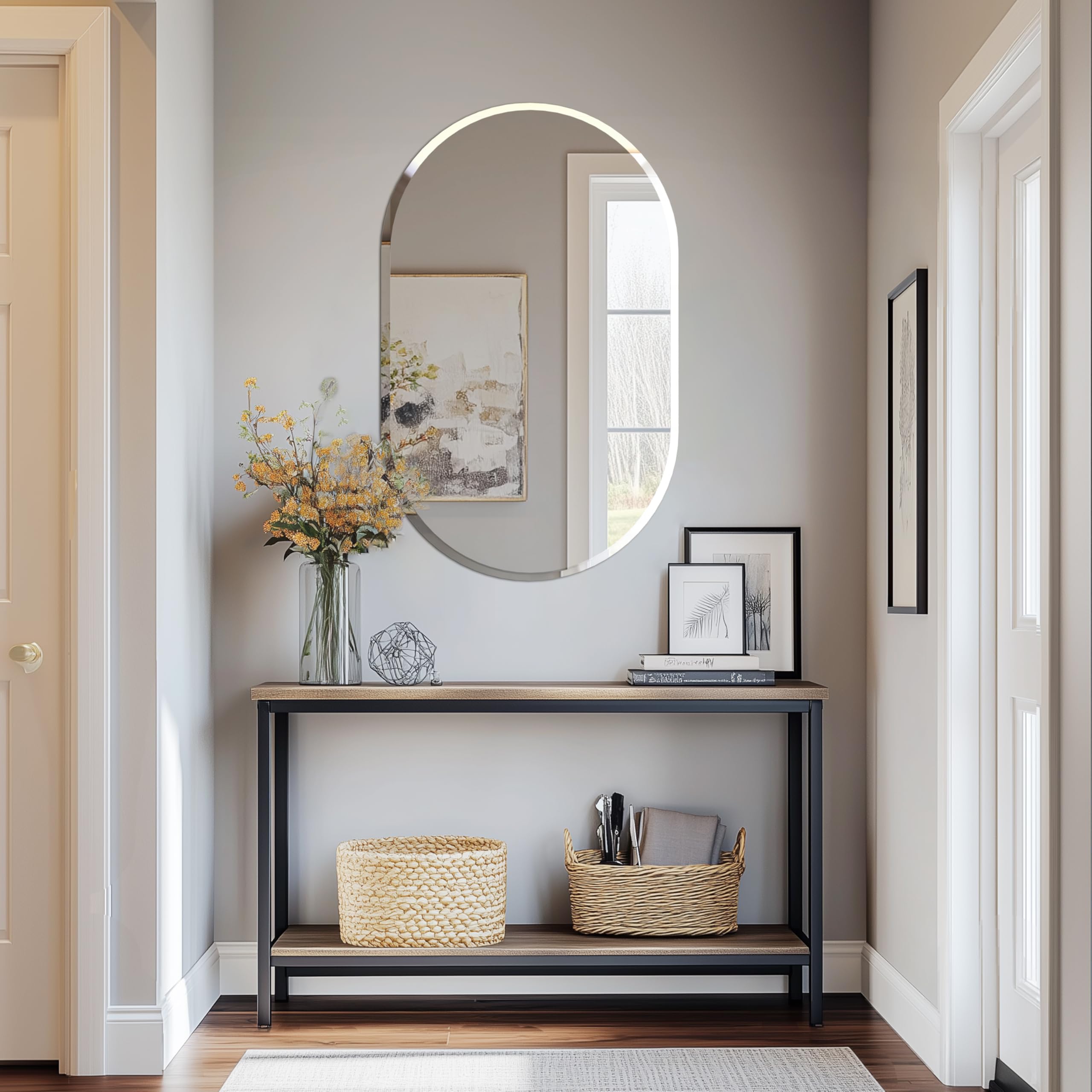Artloge Espejo De Baño De Pared Biselado Decorativo Sin Marco, Espejo Minimalista Ovalado De Vidrio Plateado Para Comedor Salón Entrada Pasillo