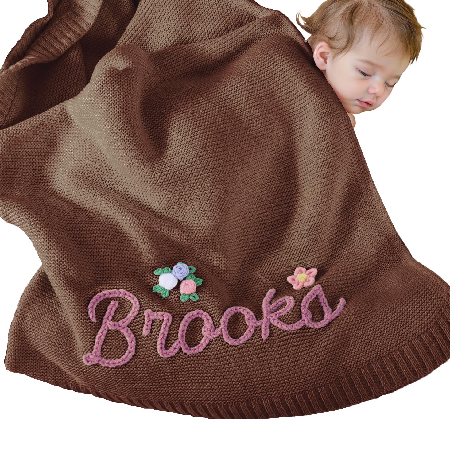 REQTYUI Personalized Baby Blanket for Boys Girls with Hand Embroidered Name Super Soft Blanket, Custom Warm Lightweight Baby Receiving Blankets Backing for Toddler Nursery(Coffee)