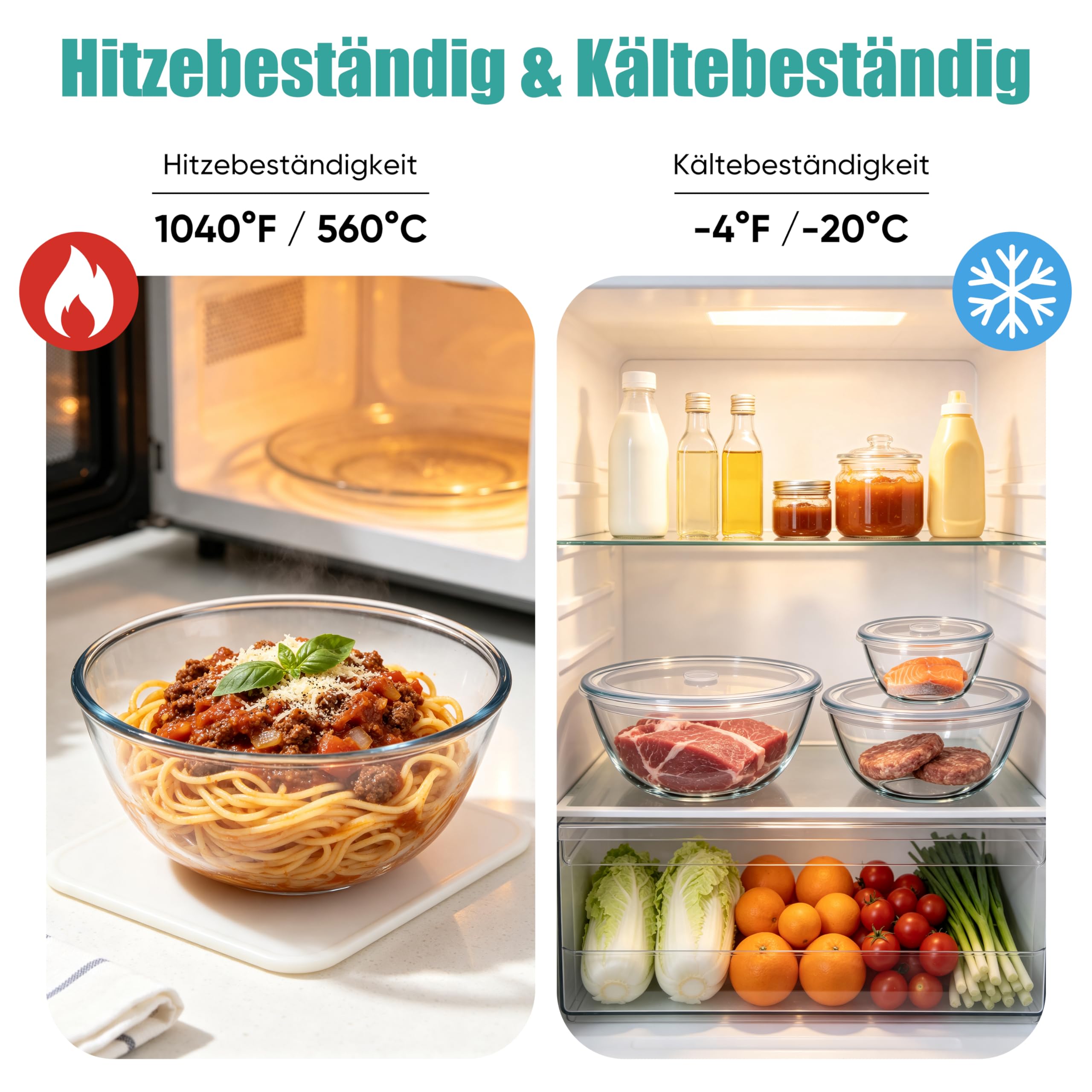 Homikit Salatschüssel 3er Set, Groß Glasschüssel Rührschüssel mit Luftdichtem Deckel, 4,5L/2,7L/1,1L, Borosilikatglas Schüssel für Servieren Kochen Backen, Luftdichtem, Spülmaschinenfest