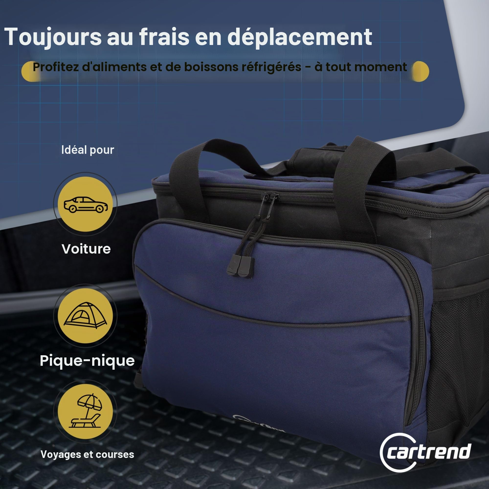 Cartrend Sac Isotherme de 30 l, avec câble de raccordement de 12 V de 1,50 m de Long, bandoulière réglable, Grande Poche Avant avec Fermeture éclair et 2 Filets latéraux, revêtement intérieur Facile