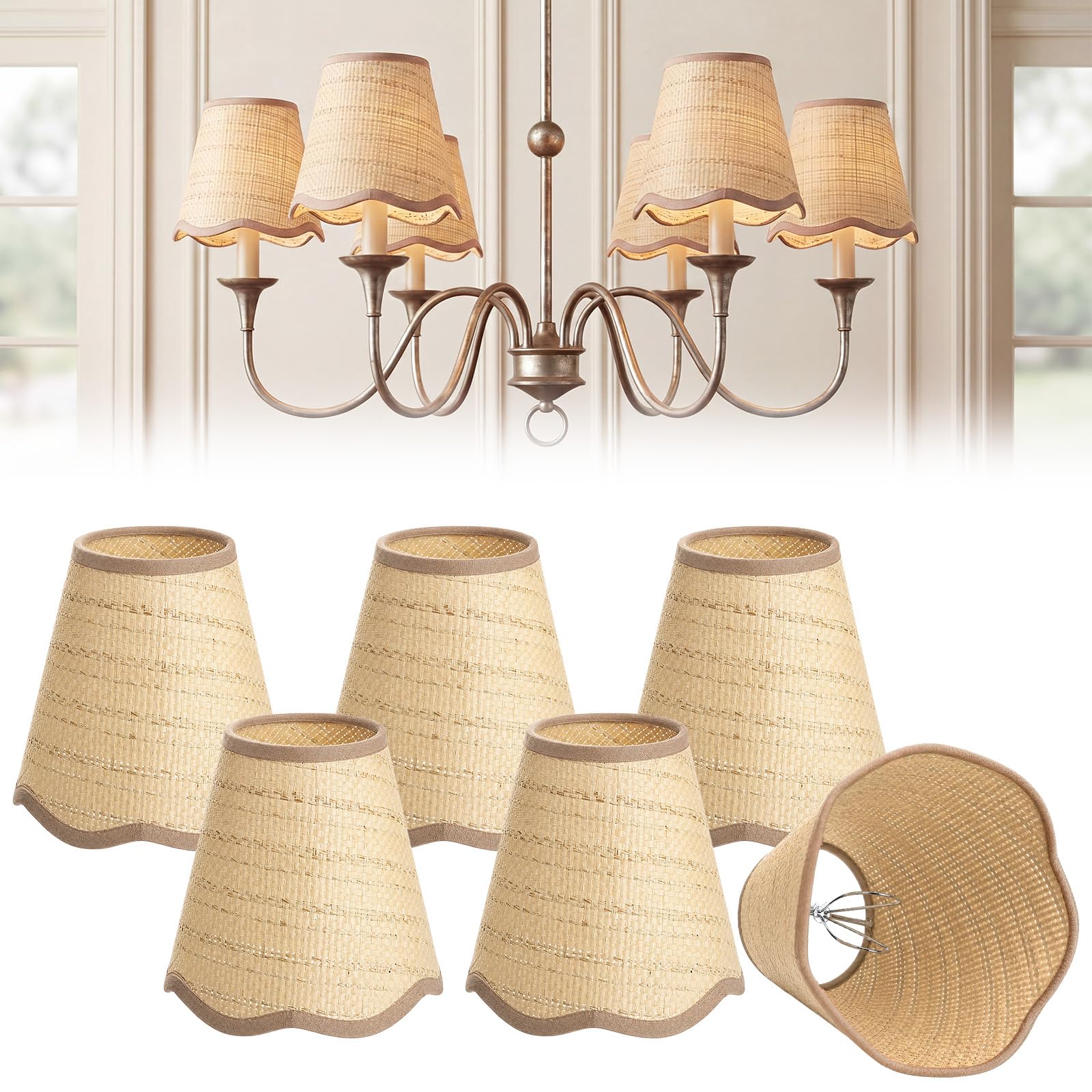 Photo 1 of Ropoloogy 6 Pack Small Clip-on Chandelier Rattan Lamps Set Boho Shade Scalloped Lampshade 3x6x6 Inch Slant Height Empire Replacement Lamp Shade Chandelier or Accent Lamp(Beige)