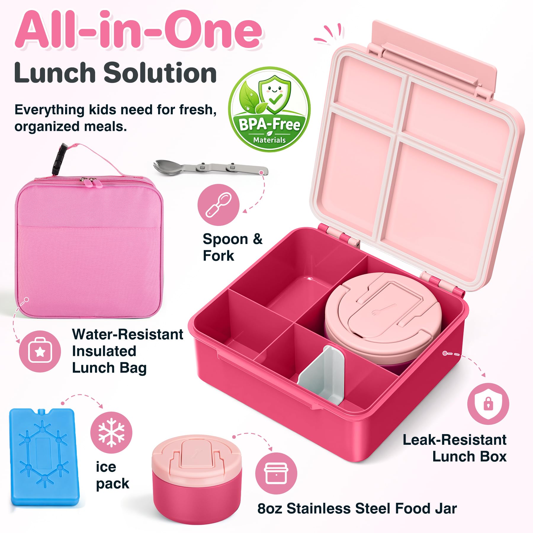 Bento-Lunchbox mit 237 ml Suppen-Thermo, auslaufsichere Lunch-Lebensmittelbehälter für Kinder mit 4 Fächern, Thermo-isoliertes Glas für heiße Lebensmittel und Lunchtasche für die Schule, Trvael-Pink