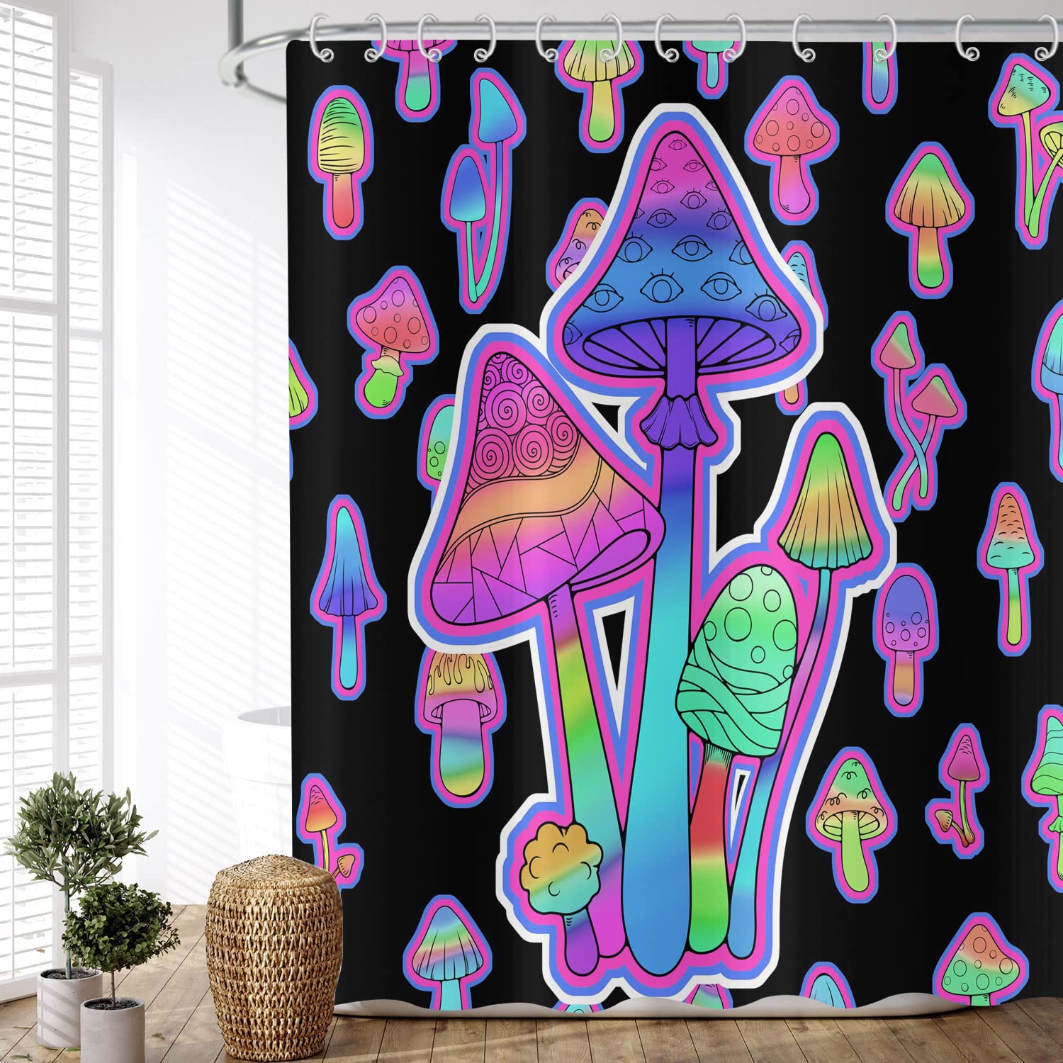 ASDCXZ Shower Curtain Mushrooms 150x180 cm, Hand Painted Colorful Glitter Mushrooms Black Washable Shower Curtains Antifungal Polyester Textile Waterproof Shower Curtain for Bathtub with 10 Hooks — image 1