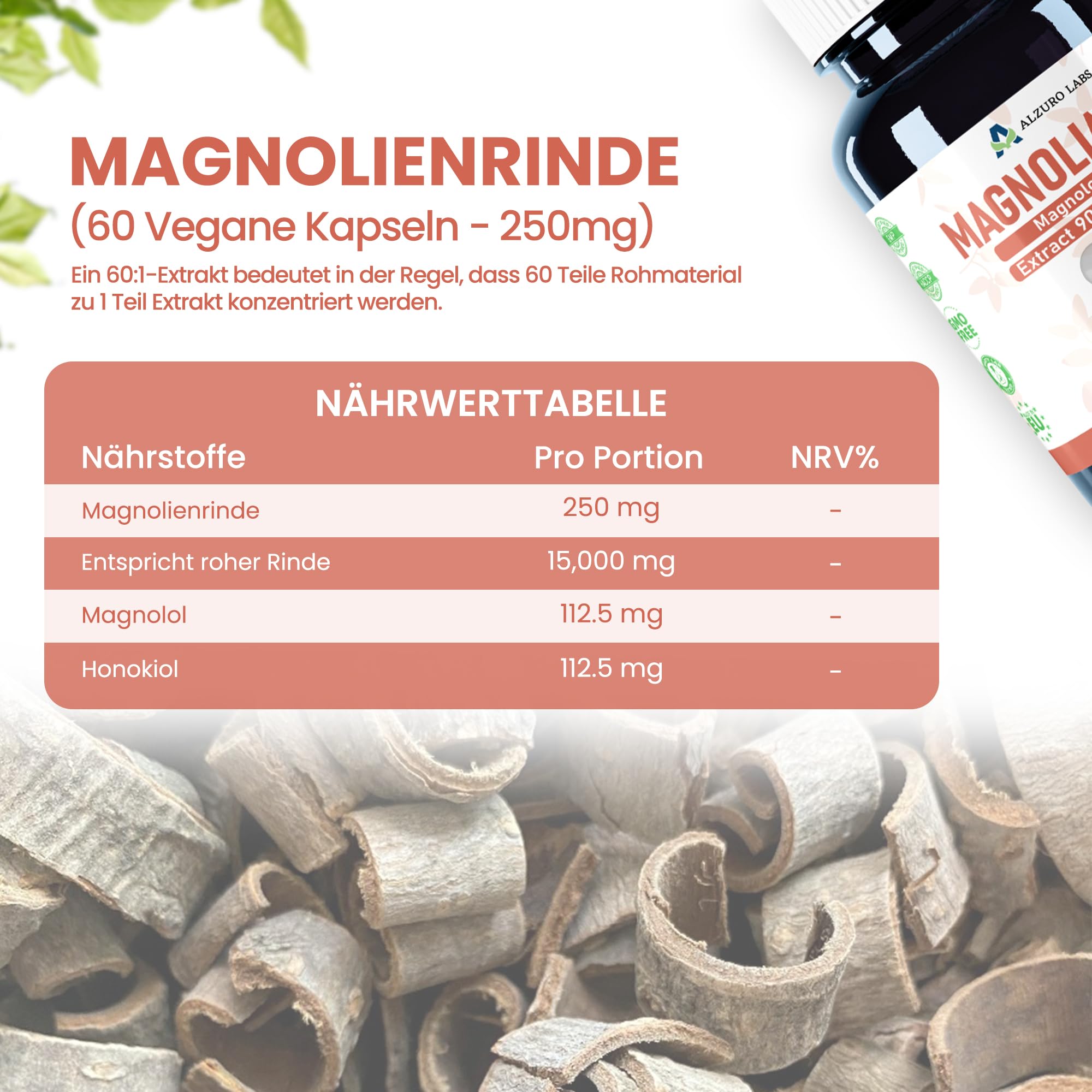Magnolia Bark | 15.000 mg Äquivalent | 250 mg 60:1 Extrakt (90% Magnolol & Honokiol) | 60 vegane Kapseln | Magnolienrinde – Magnolia officinalis | GMP & Laborgeprüft