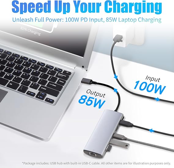 Amazon Basics USB C Hub for PC Laptops, 6-in-1 Multiport Adapter with 100W Max PD Charging, 4K HDMI, 2 USB-A Ports, Ethernet, Type C Data Port