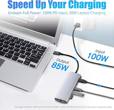 Amazon Basics USB C Hub for PC Laptops, 6-in-1 Multiport Adapter with 100W Max PD Charging, 4K HDMI, 2 USB-A Ports, Ethernet, Type C Data Port