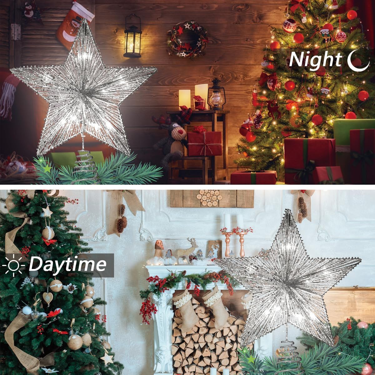 LAMPHOME 11" 10 LED Lighted Silver Glitter Thread Christmas Star Tree Topper, Lighted Star Christmas Tree Topper, Cool White - Image 4