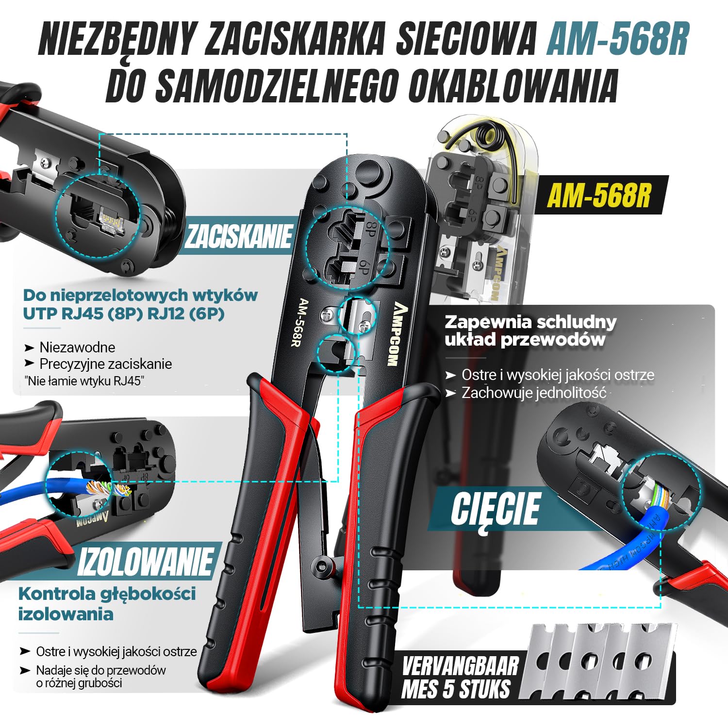 AMPCOM Zestaw narzędzi do zaciskania Ethernet 7 w 1 RJ45/RJ11 zestaw narzędzi sieciowych do złączy Cat6/Cat5e/Cat5 RJ45 ze 110 narzędziami do ściągania izolacji w przenośnej wodoodpornej torbie