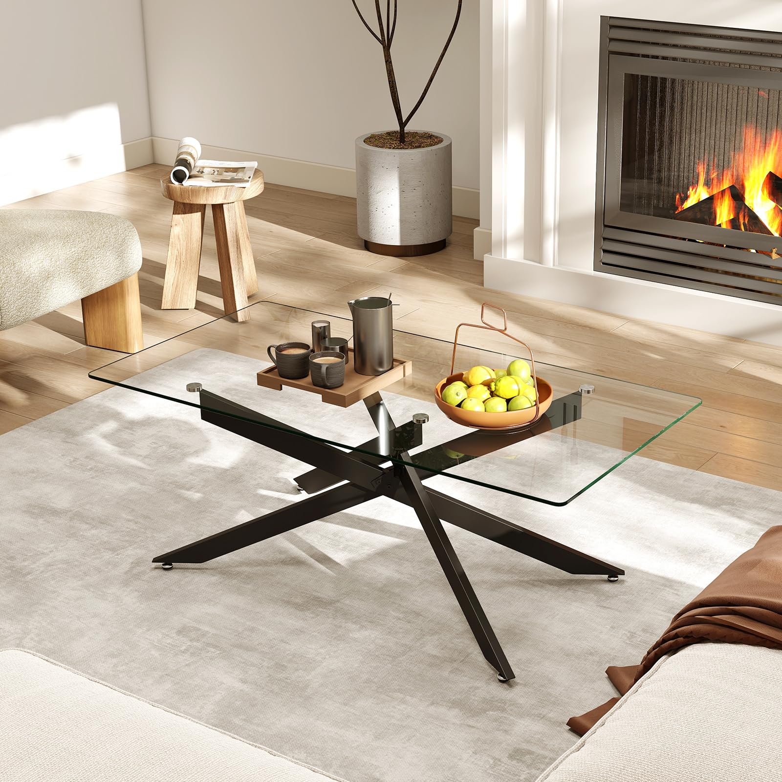 COSTWAY Mesa de Centro de Cristal, Mesa Central Rectangular con Tapa de Cristal Templado y Patas Tubulares de Metal, Mesita de Café Moderna para Salón Oficina Apartamento, 120 x 60 x 45,5 cm (Negro)