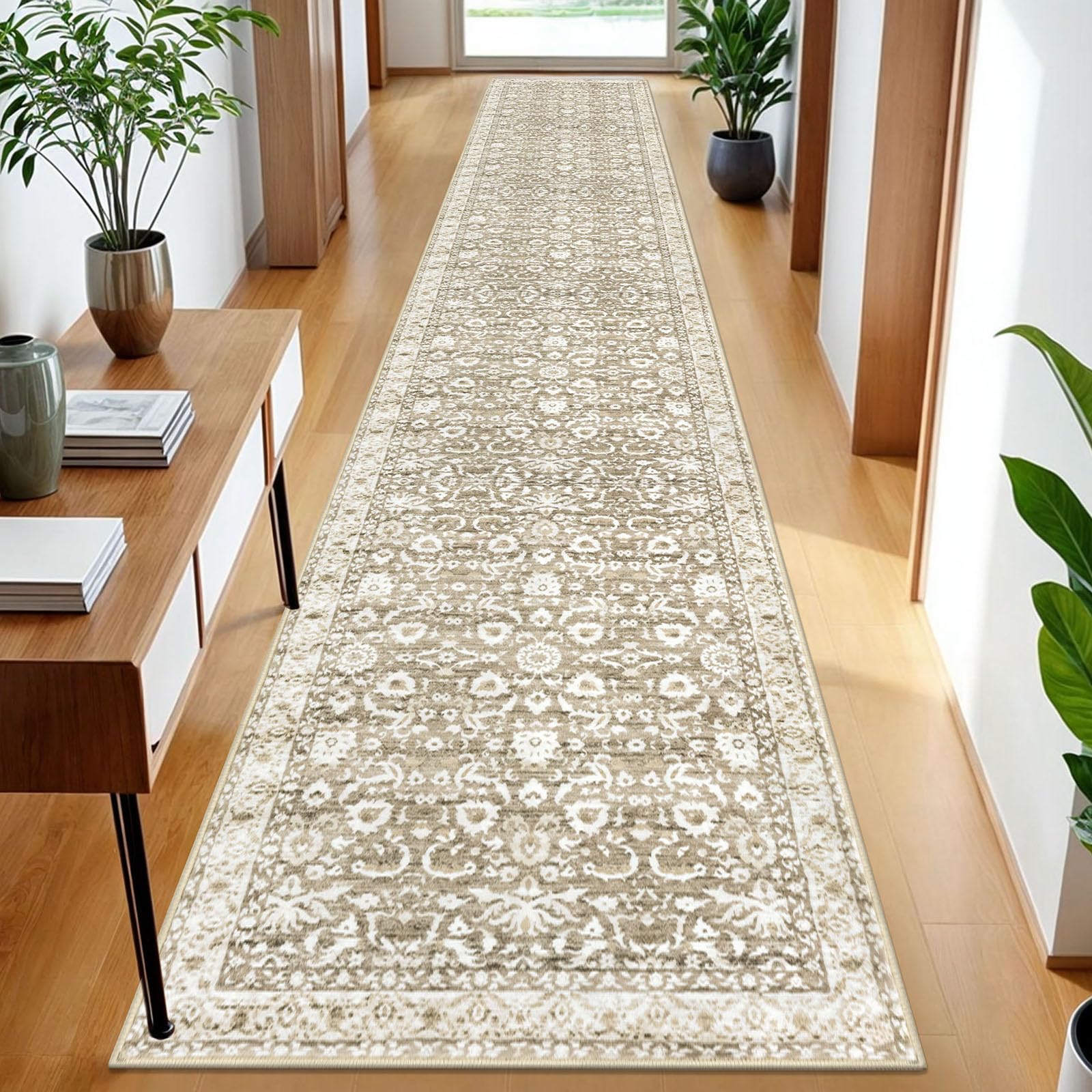 Lansny Vintage Runner Rug 2x12, Beige Tan White Washable Long Kitchen Runner Non-Slip Floral Soft Hallway Rug Runner Thin Print Faux Wool Carpet for