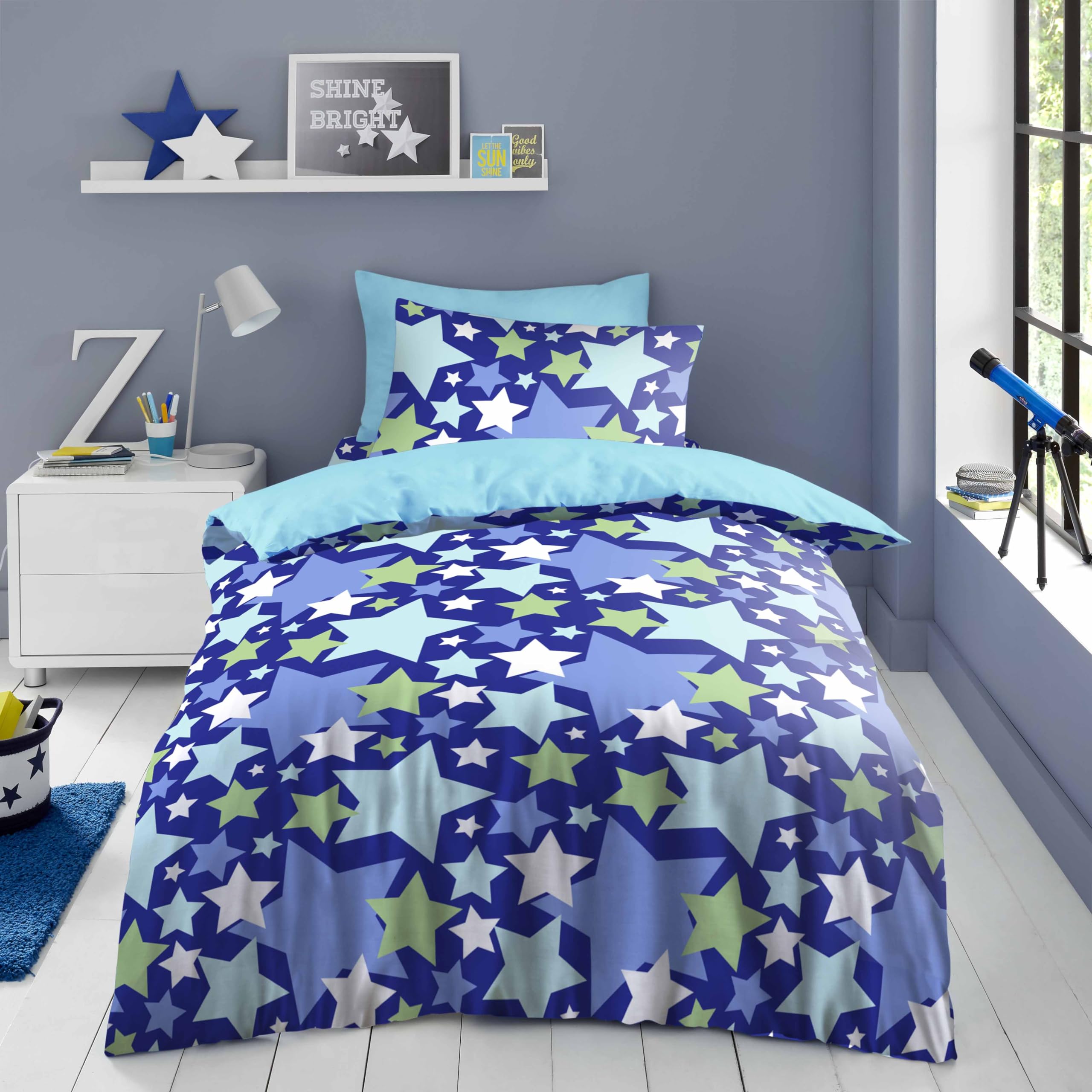 GC GAVENO CAVAILIA Kids Stars Duvet Set Single, Microfiber Boys Girls Quilt Cover, Plain Reversible Breathable Bedding, Blue