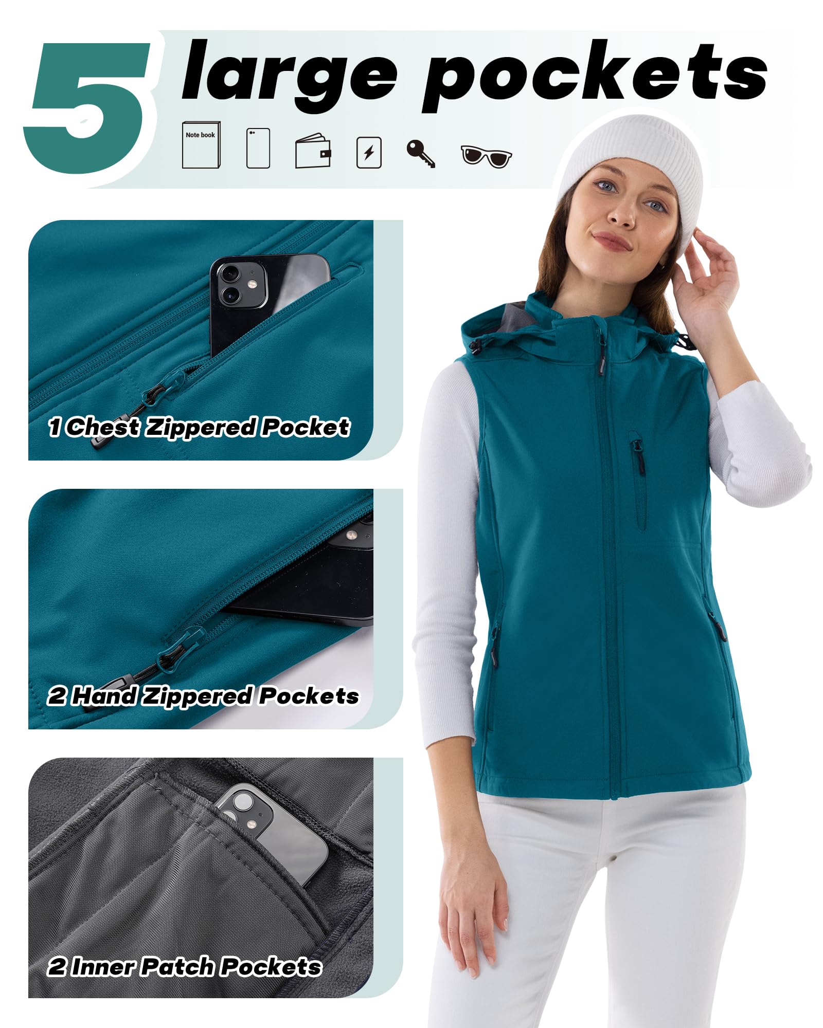 Outdoor Ventures Gilet da donna con cappuccio, leggero, in softshell, antivento, foderato in pile, senza maniche, per golf, corsa, viaggi