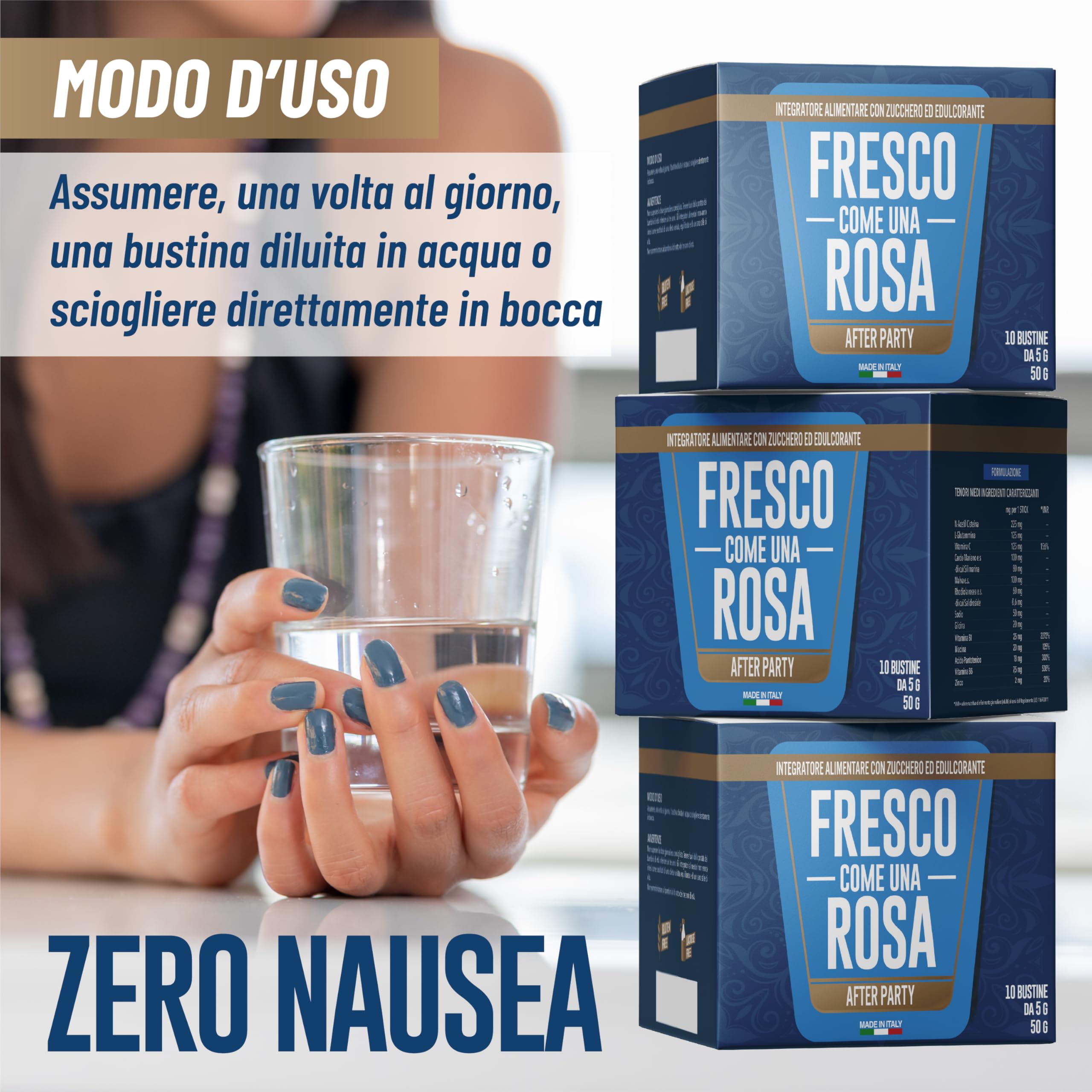 FRESCO COME UNA ROSA - Allevia i Postumi da Sbornia - Integratore Anti Hangover - Riduce Mal di Testa, Nausea e Bruciore di Stomaco - 10 Bustine