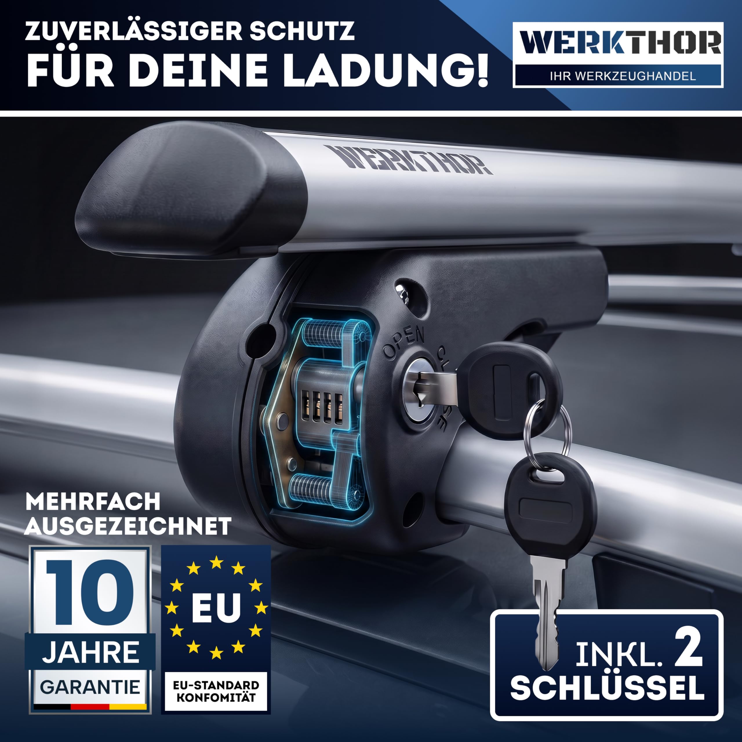 WERKTHOR Alu Dachträger 120cm für Offene Reling – Aerodynamischer Relingträger Vormontiert & Abschließbar – Auto Dachträger 90kg – Universal für Dachbox & Fahrrad