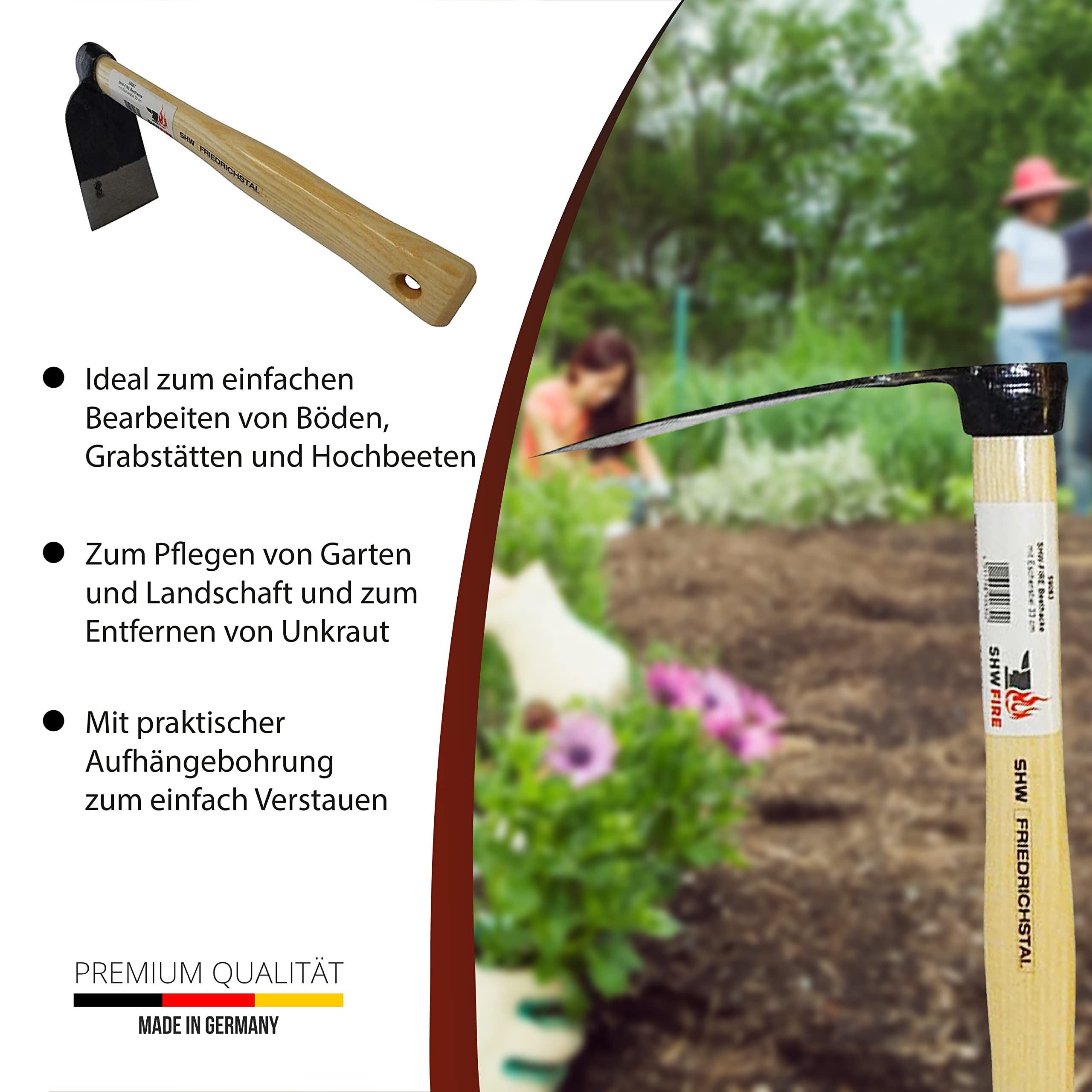 SHW-FIRE Kraftvolle Beethacke - 33cm Breitblatt und Eschenholzstiel für | Made in Germany | Für Gartenarbeit und Bodenlockerung | Schmiedequalität | selbstschärfendes Blatt | 33 cm Eschenholzstiel
