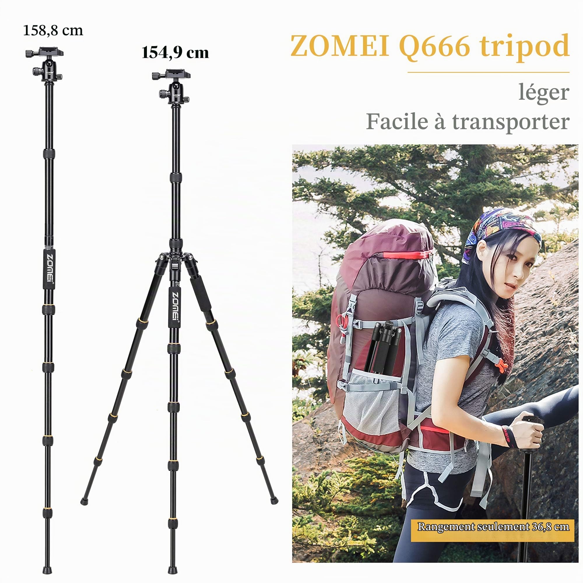 ZOMEI Q666 Trépied Appareil Photo, 155cm Trépied de Voyage en Aluminium avec Monopode et Sac de Transport pour Caméra Photographie Youtube TikTok Vidéo
