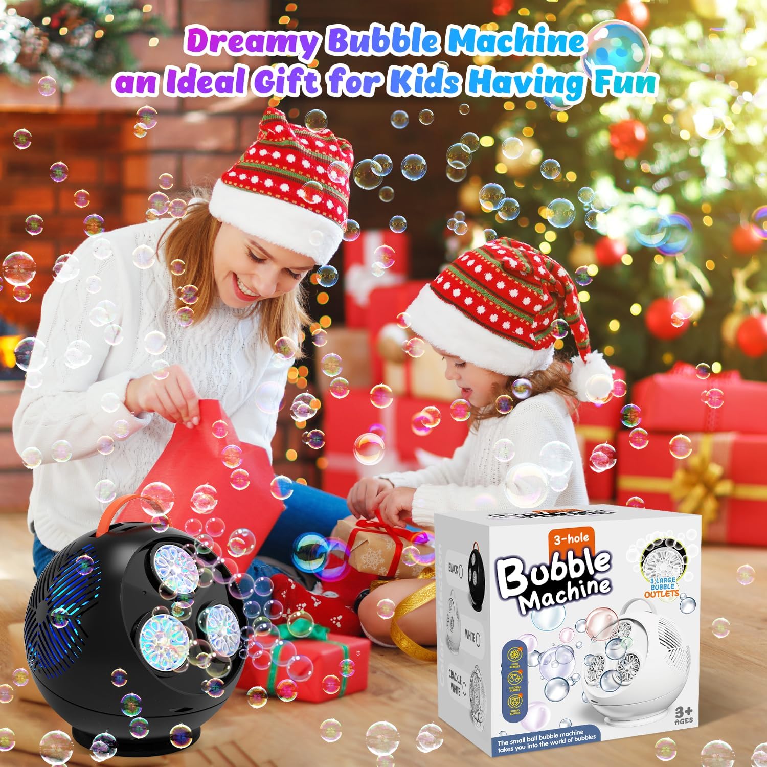 IFLOVE Bubble Machine for Kids 3+-45°/360° Rotating Bubble Blower with RGB LED Light,30000+ Bubbles Per Minute,Automatic Portable Bubble Maker for Boys Girls,Outdoor Party Easter Birthday Gift (Black)