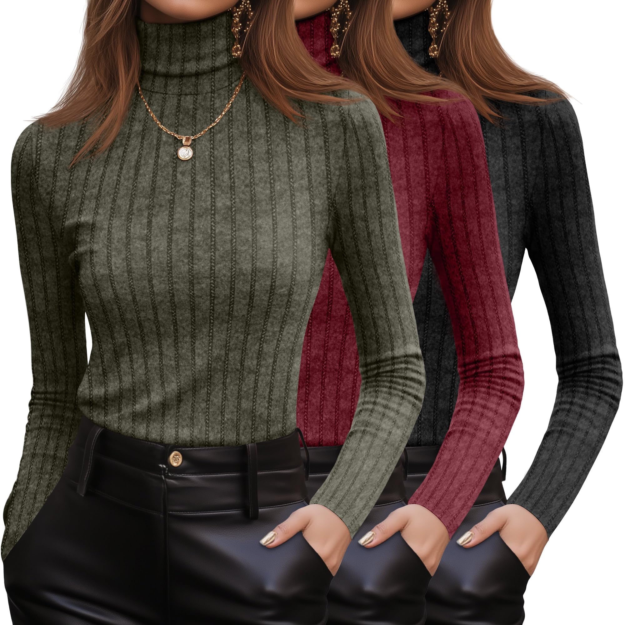 3 Pack Womens Turtleneck Sweaters Ribbed Long Sleeve Fitted Pullover Sweater Knit Lightweight Fall Tunic Top 2025