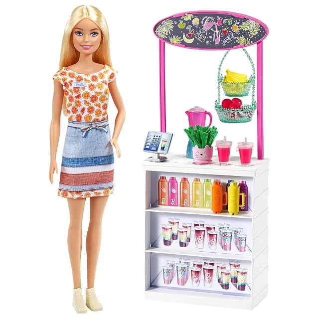 Barbie Puesto de Smoothies Muñeca Rubia con Accesorios y Tienda para Hacer zumos y Batidos de Juguete Mattel…