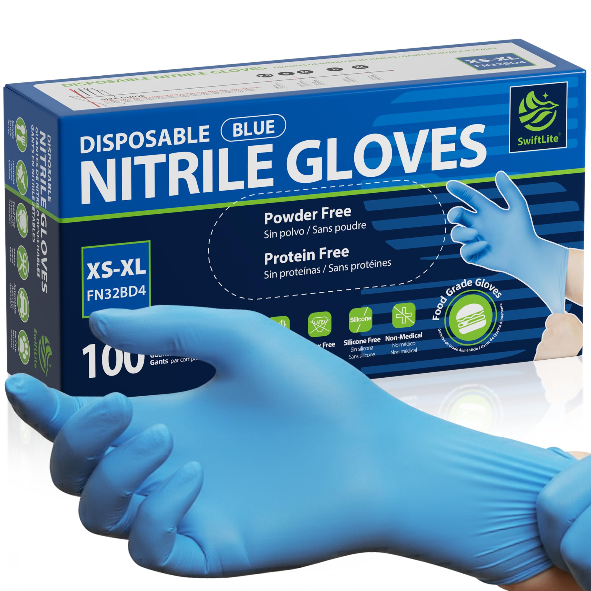 SWIFTLITE Food Safe Disposable Gloves, Blue Nitrile Rubber Gloves, Latex-Free Powder-Free for Food Prep, Cooking, Cleaning