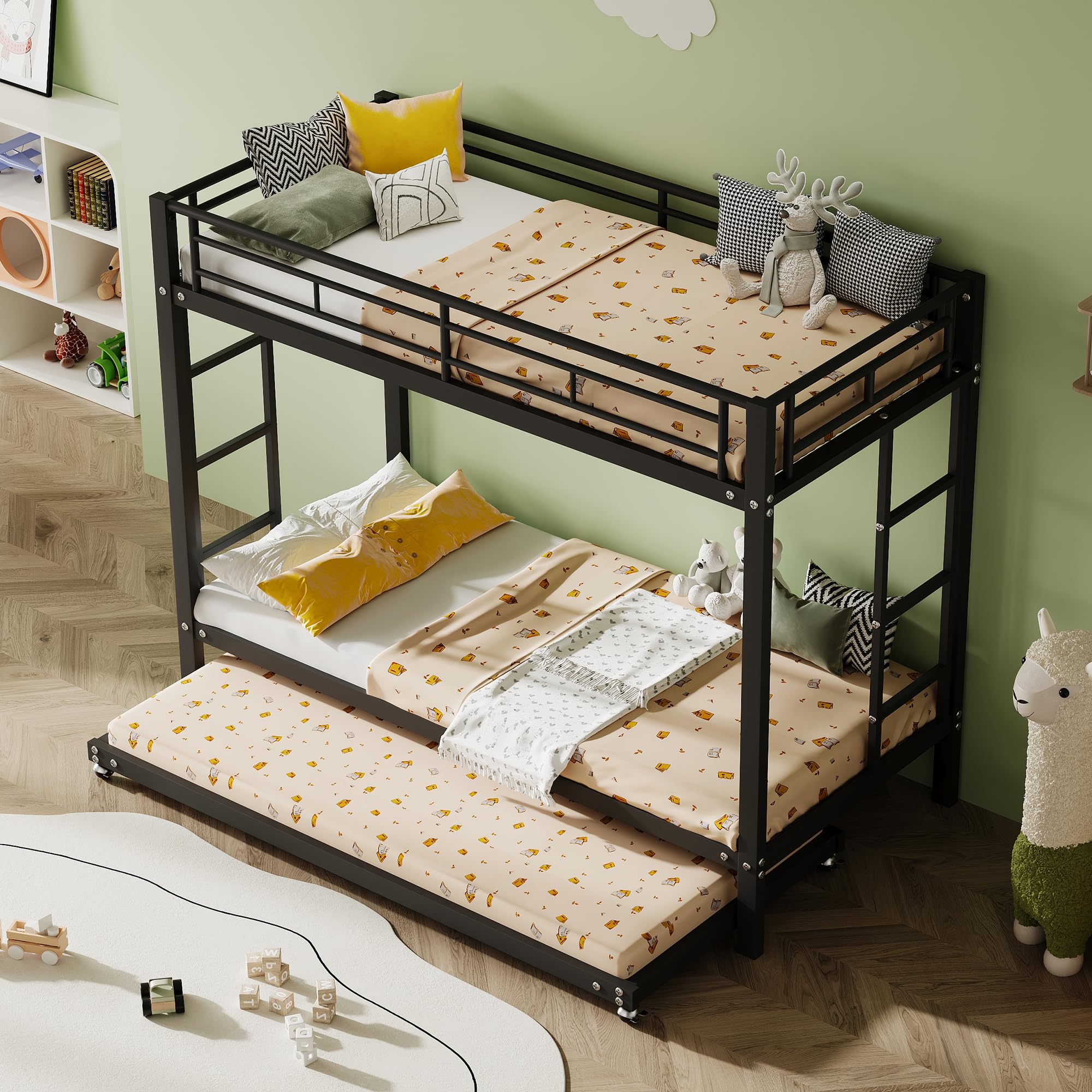 Literas 3 Camas 90x200 cm con Cama extraíble 90x190 cm Incluidas Las Pastillas de Freno, Marco de Camas de Metal con Barreras de Seguridad, con somier de láminas, sin Colchón, Negro