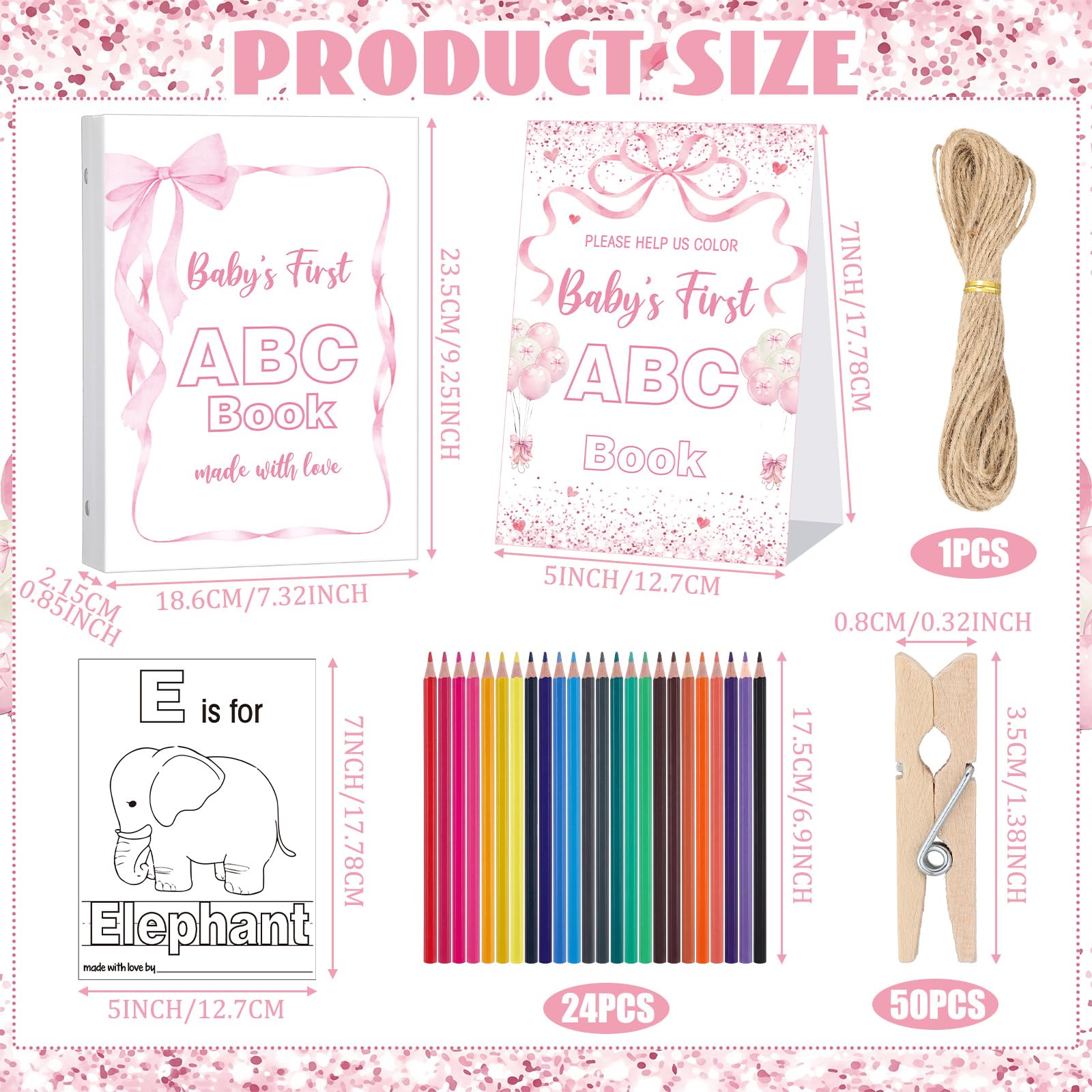 Pink Bow First Abc Book Baby Shower Attività Keepsake per adulti Baby Shower Abc Coloring Guest Book Alternativa 26 Alfabeto dalla A alla Z Carta da colorare con 24 matite 60 Mollette