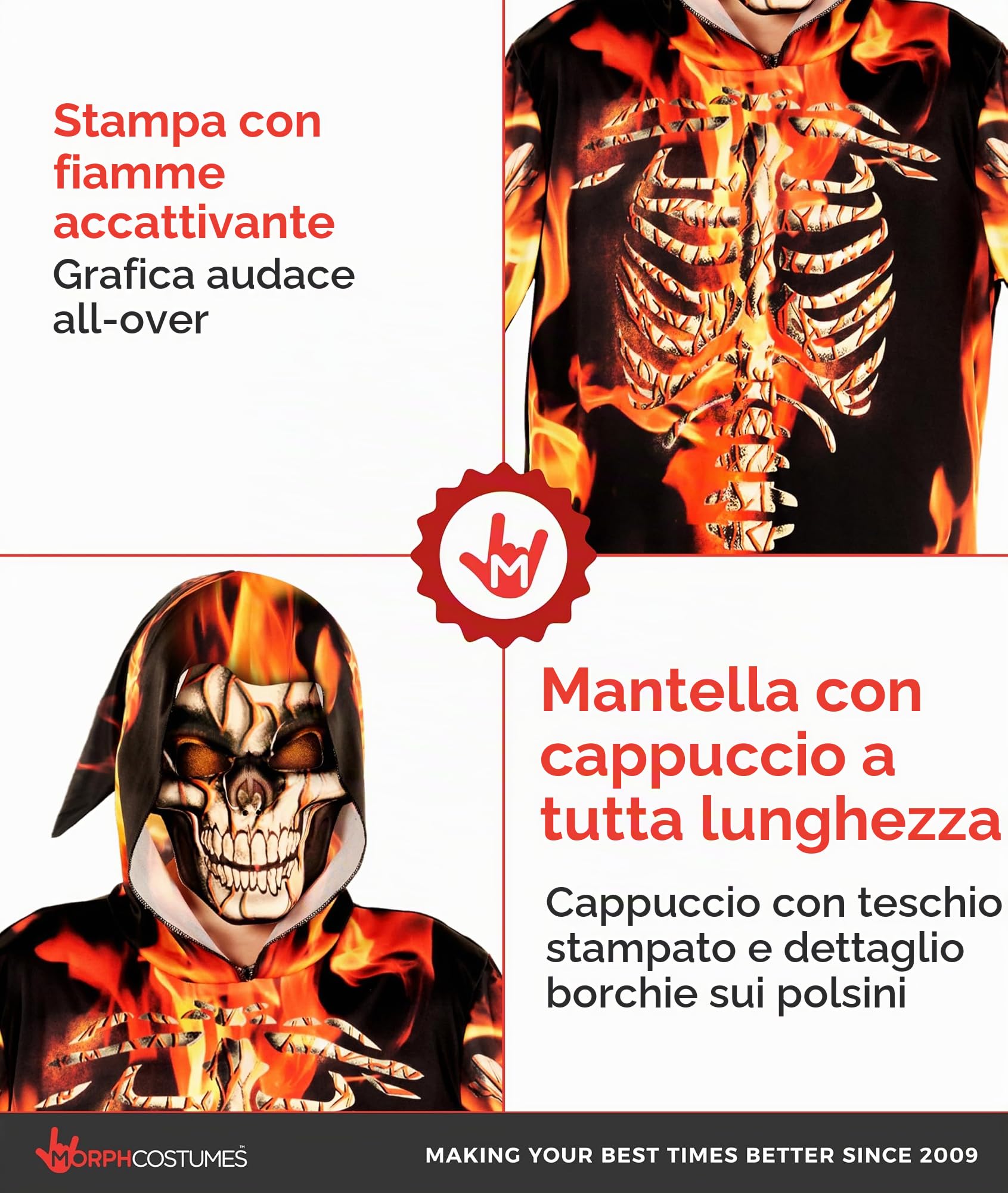 Morph Costume Mietitore Bambino, Costume Halloween Bambino | Tunica con Cappuccio & Maschera, Stampa Scheletro Fiammeggiante, Perfetto per Halloween, Ideale per il Gioco di Ruolo