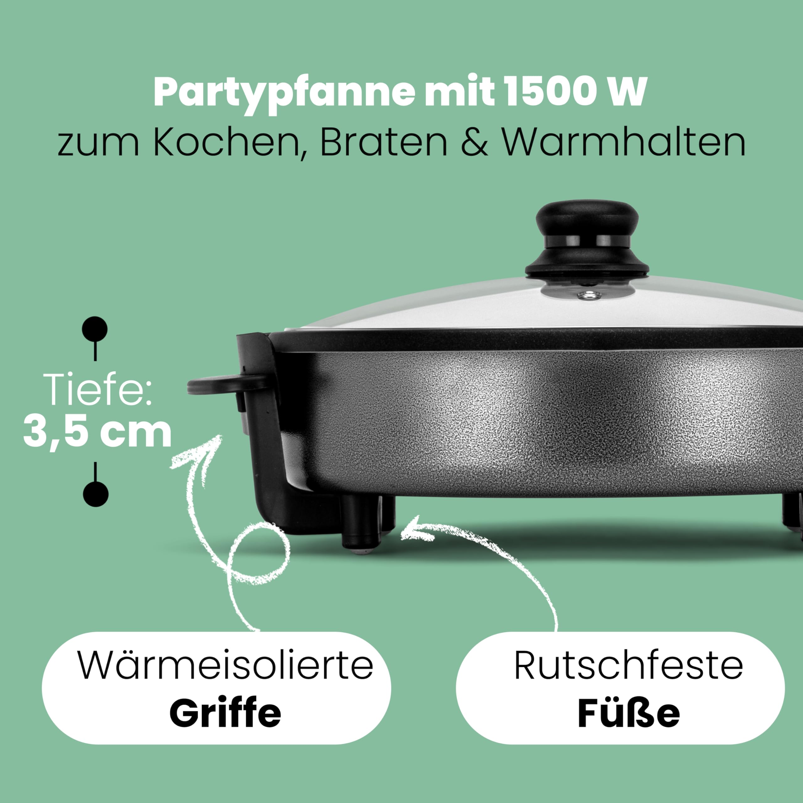 Clatronic PP 3401 - Sartén eléctrica con tapa de cristal, diámetro 32 cm, 1500 W, color negro