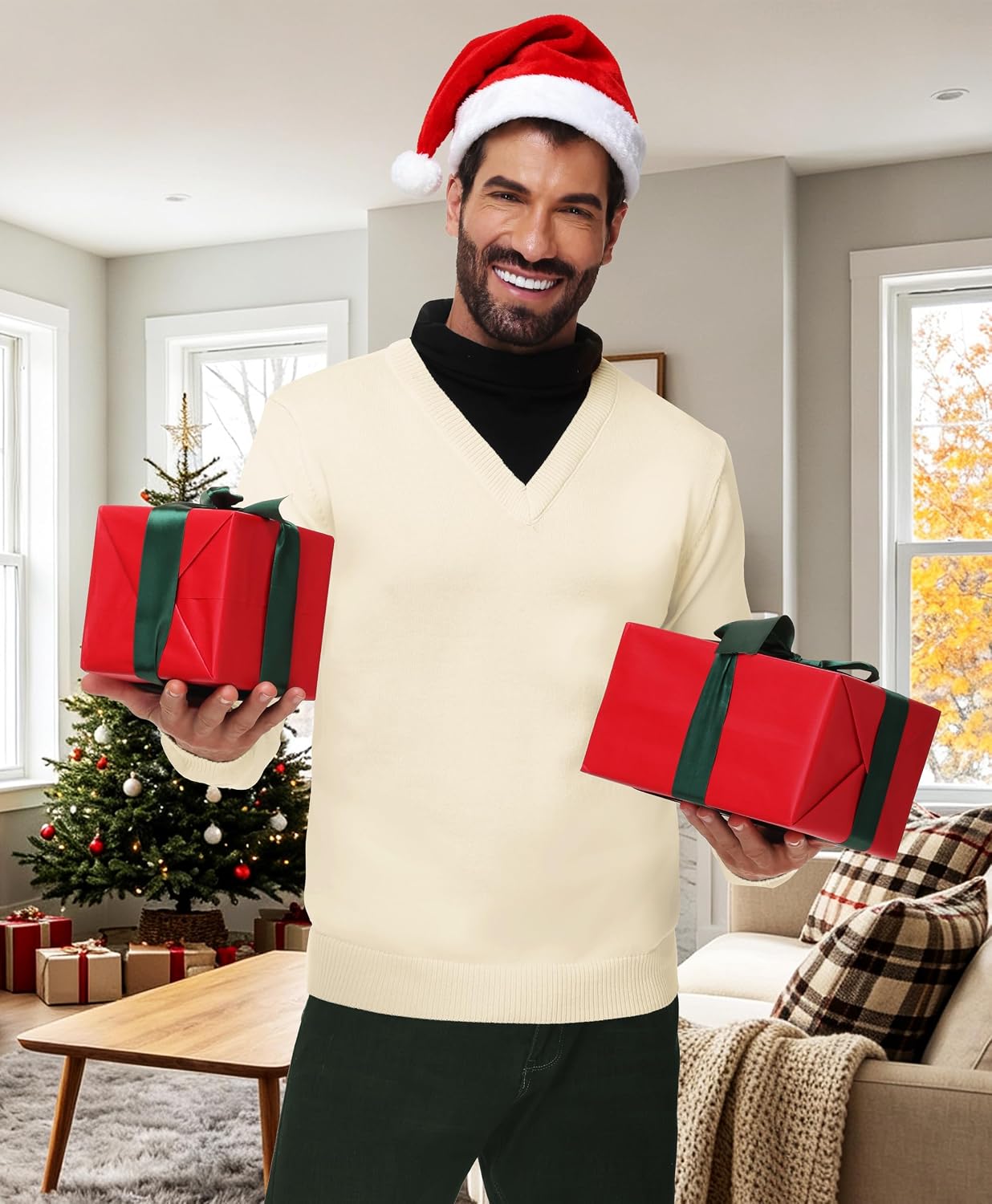 Men Halloween Costume Christmas Cousin Sweater with Black Dickey