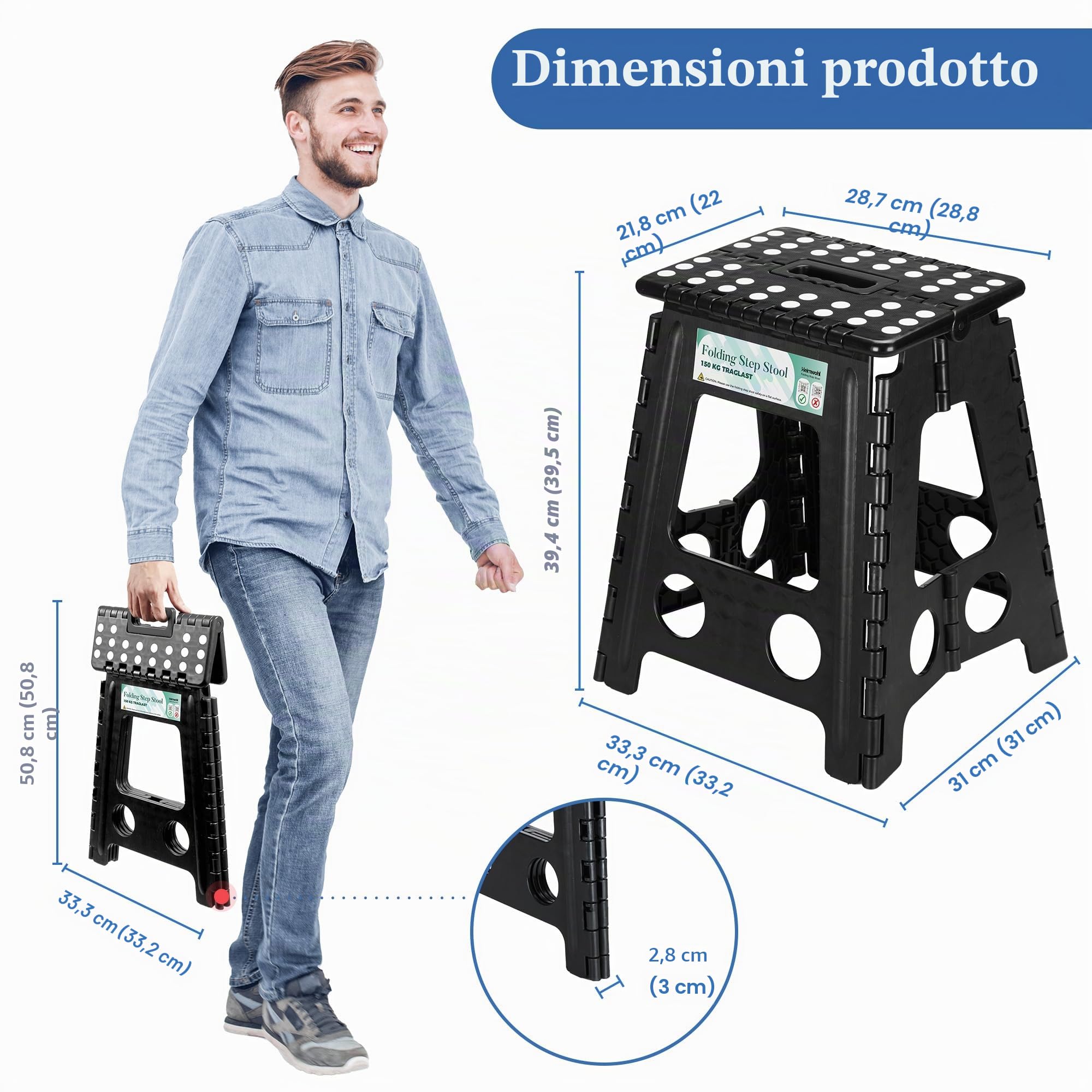 Sgabello pieghevole da 40 cm, nero 2025, con capacità di carico di 150 kg, sgabello pieghevole con blocco di sicurezza e manico girevole, ideale per casa, ufficio, esterno e cura