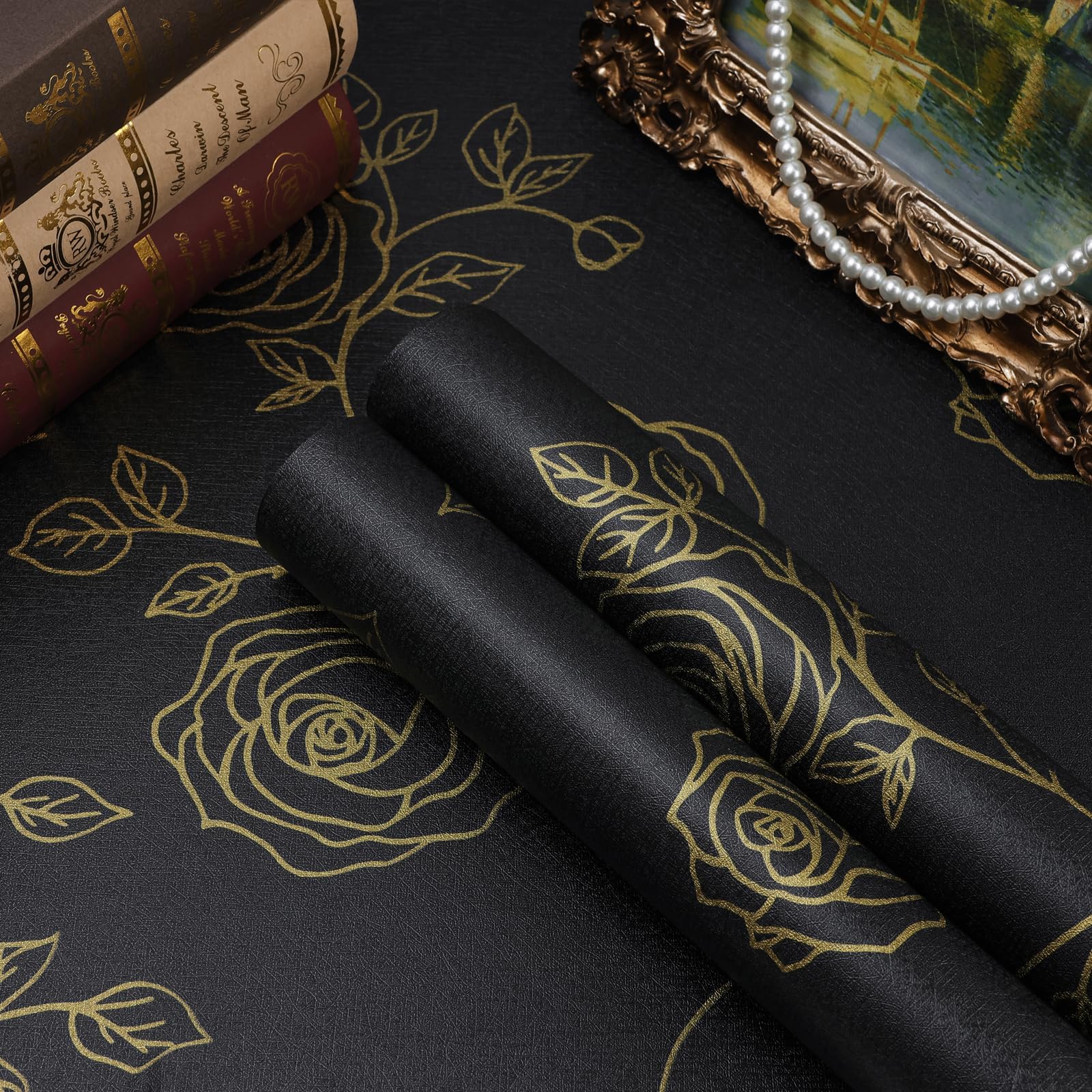 Amiya Black and Gold Floral Wallpaper Peel and Stick Line Boho Contact Paper Retro Renovation of Bedrooms,Cabinets,Etc 17.3" X 80" PVC Removable Wall
